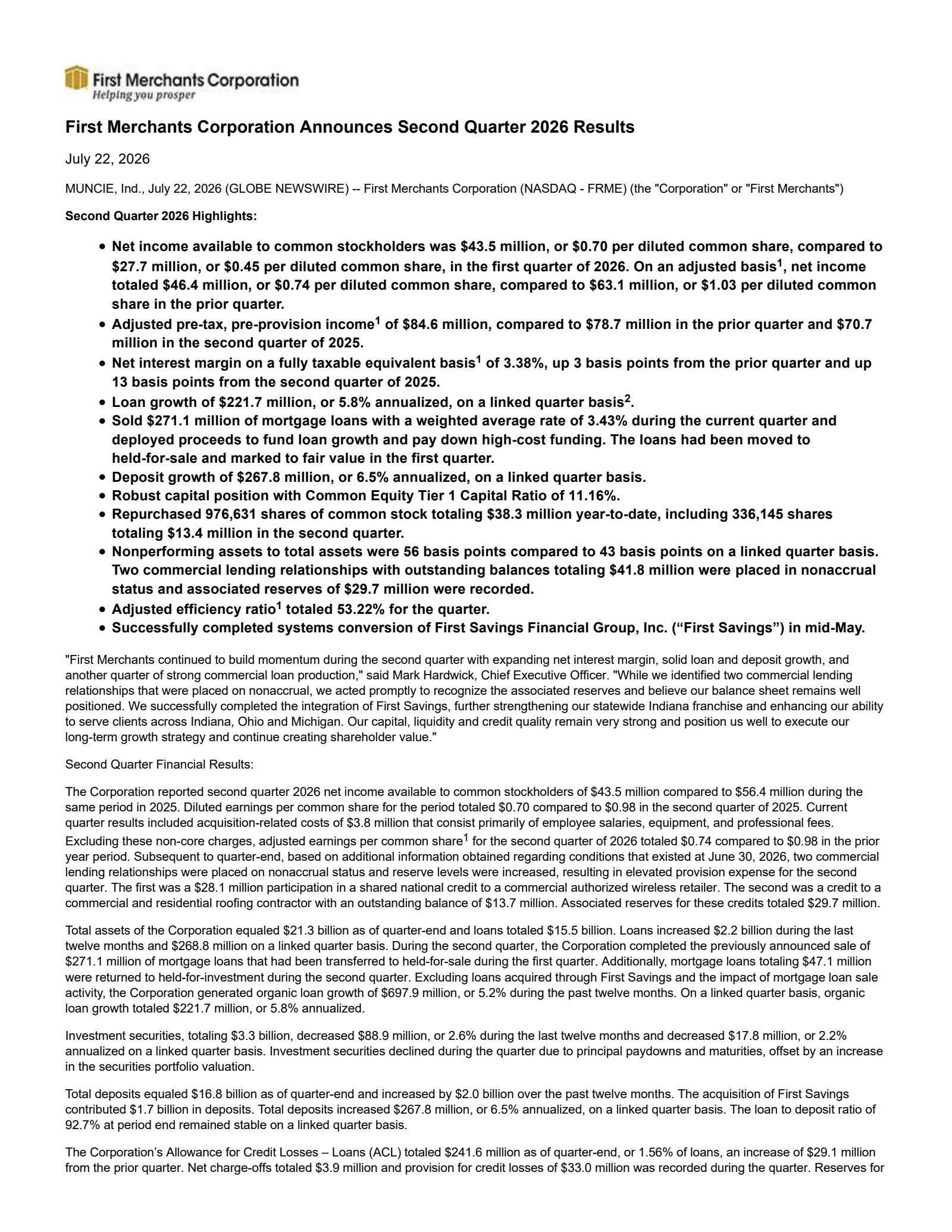 First Merchants' Q2 2026 Press Release