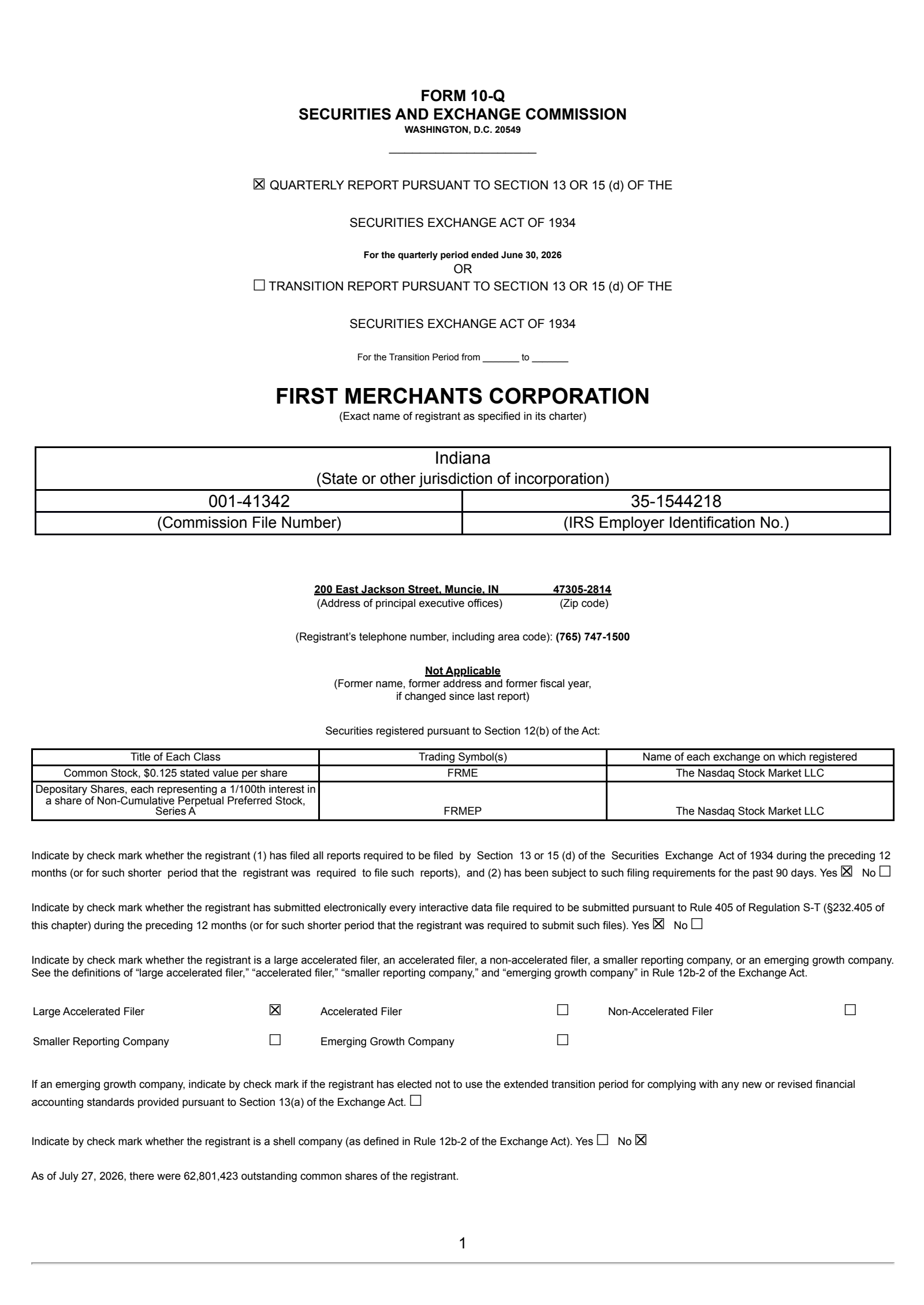 First Merchants' Q2 2026 Quarterly report