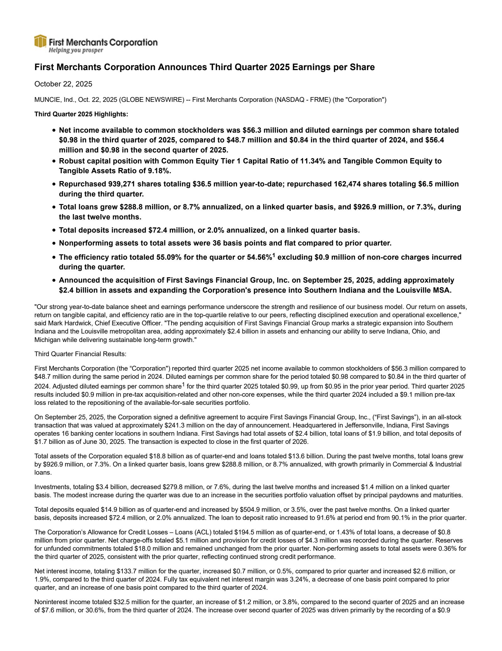 First Merchants' Q3 2025 Earnings Release