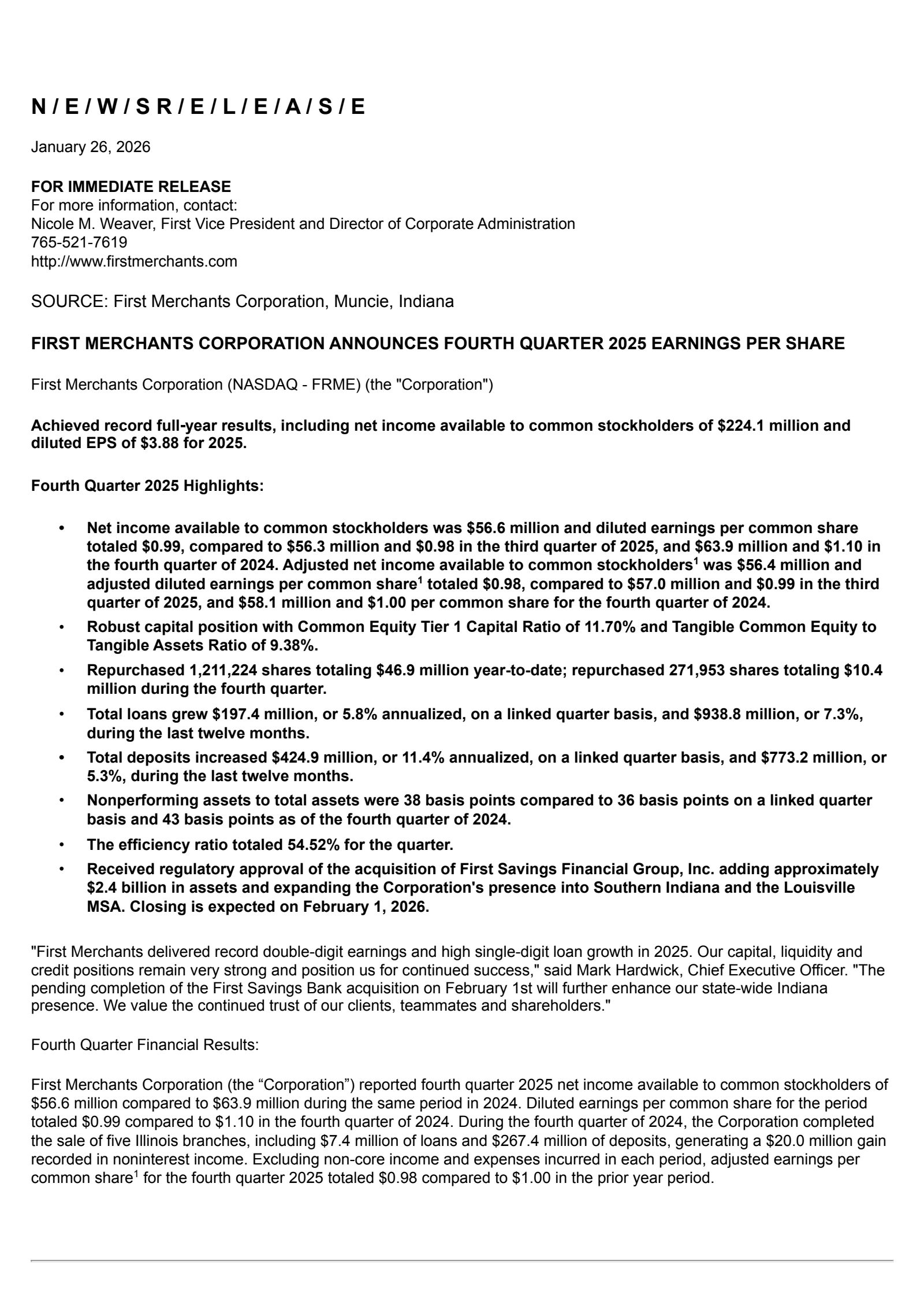 First Merchants' Q4 2025 Press Release