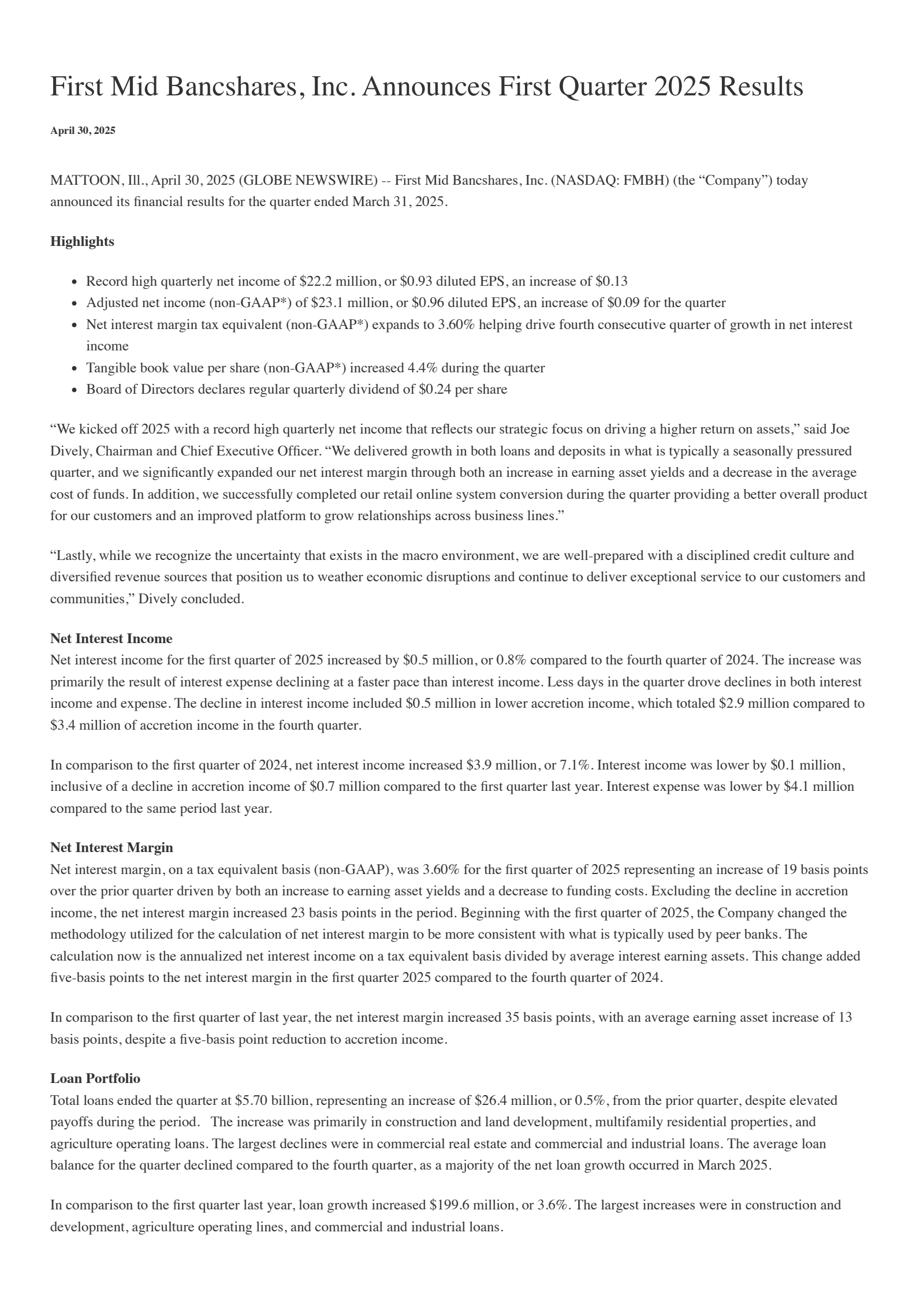 First Mid Bancshares' Q1 2025 Press Release