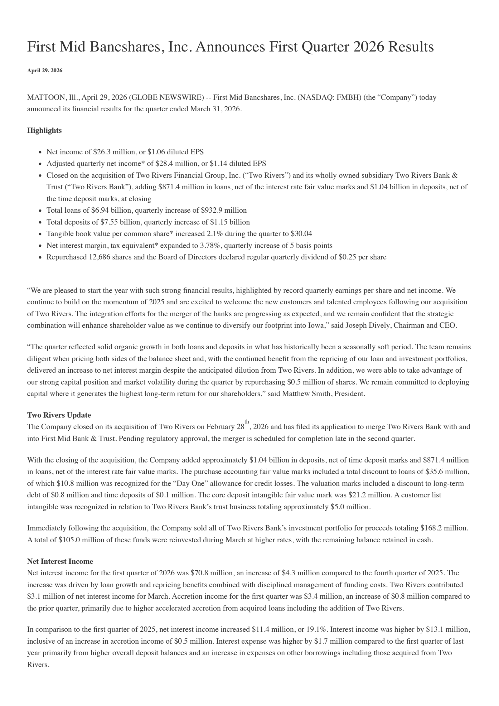 First Mid Bancshares' Q1 2026 Press Release