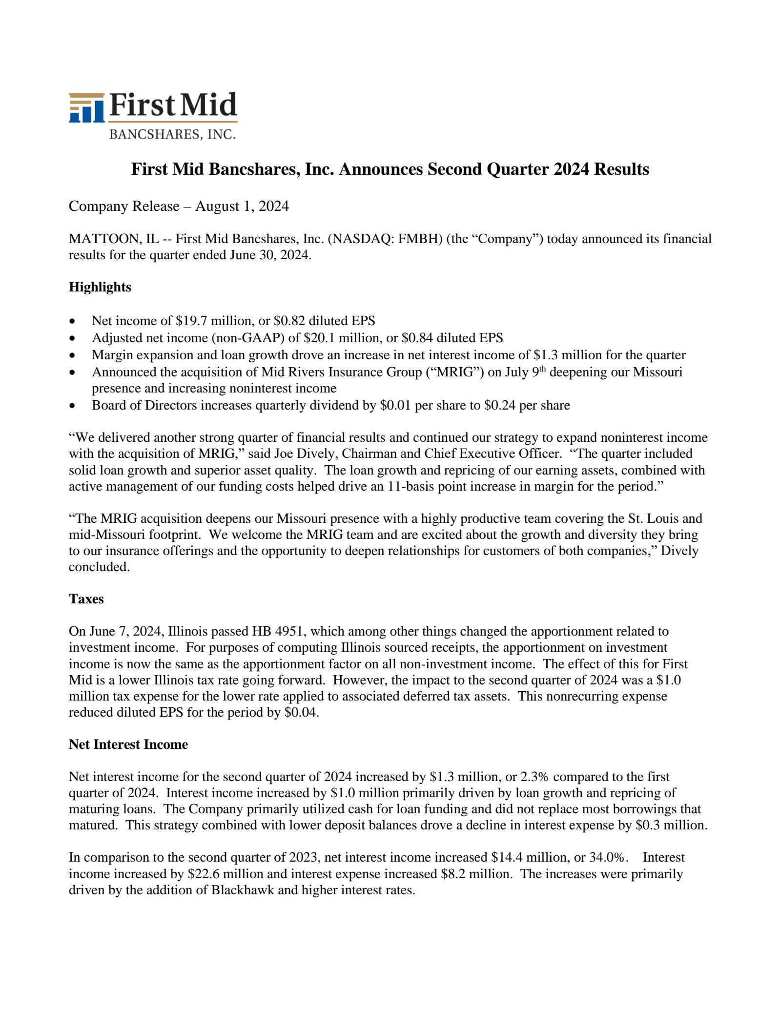 First Mid Bancshares' Q2 2024 Press Release
