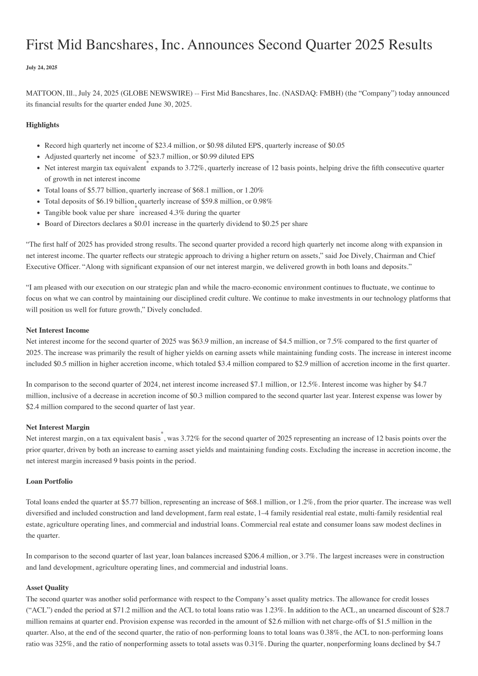 First Mid Bancshares' Q2 2025 Press Release