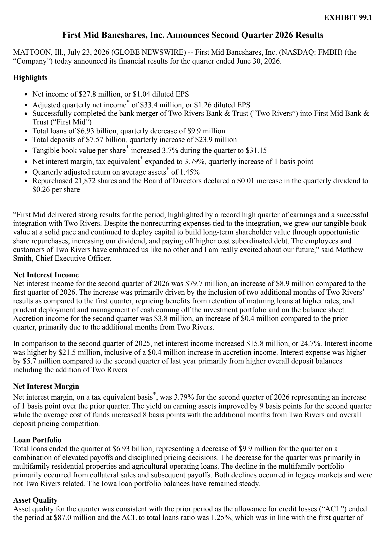 First Mid Bancshares' Q2 2026 Press Release