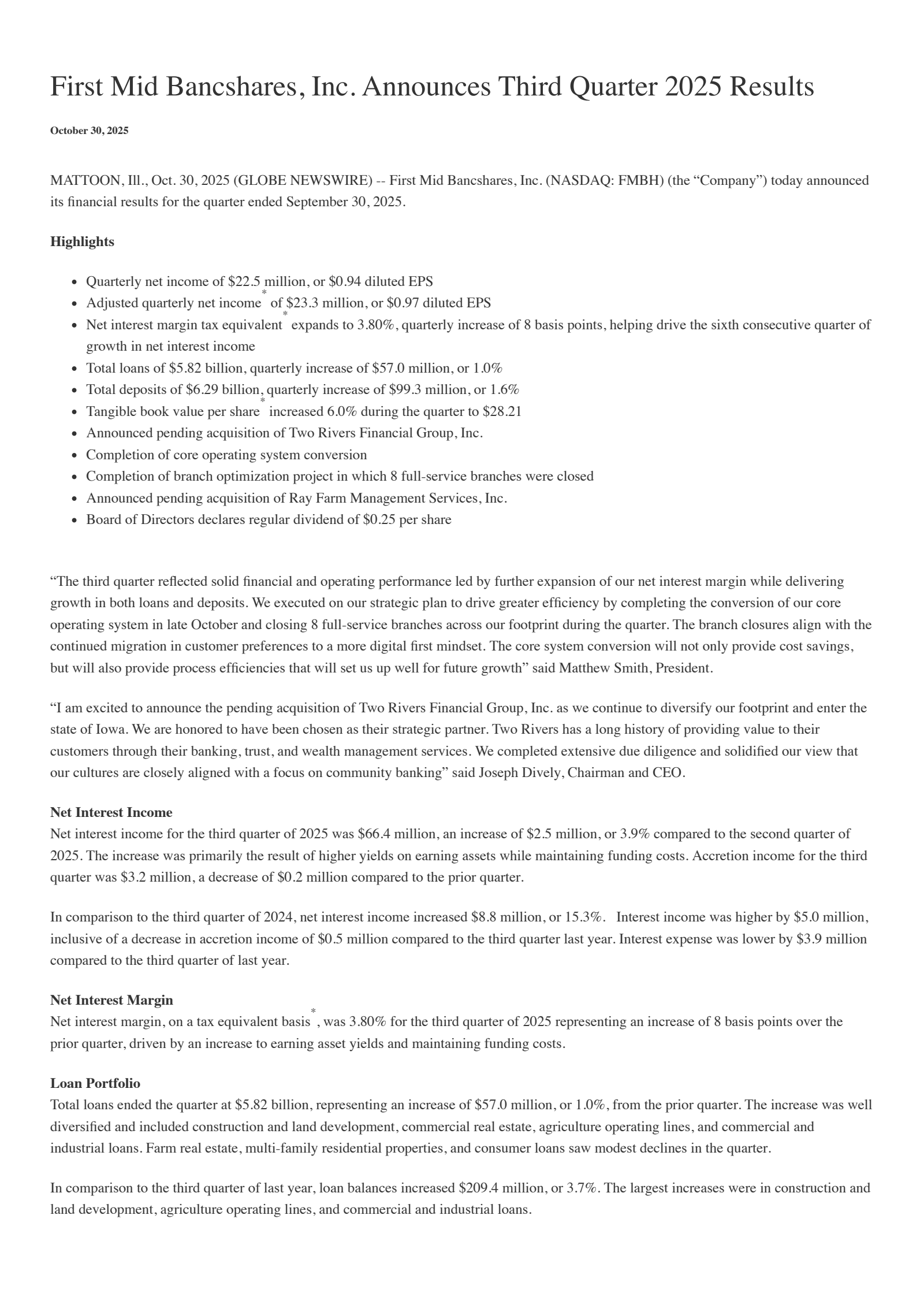 First Mid Bancshares' Q3 2025 Press Release