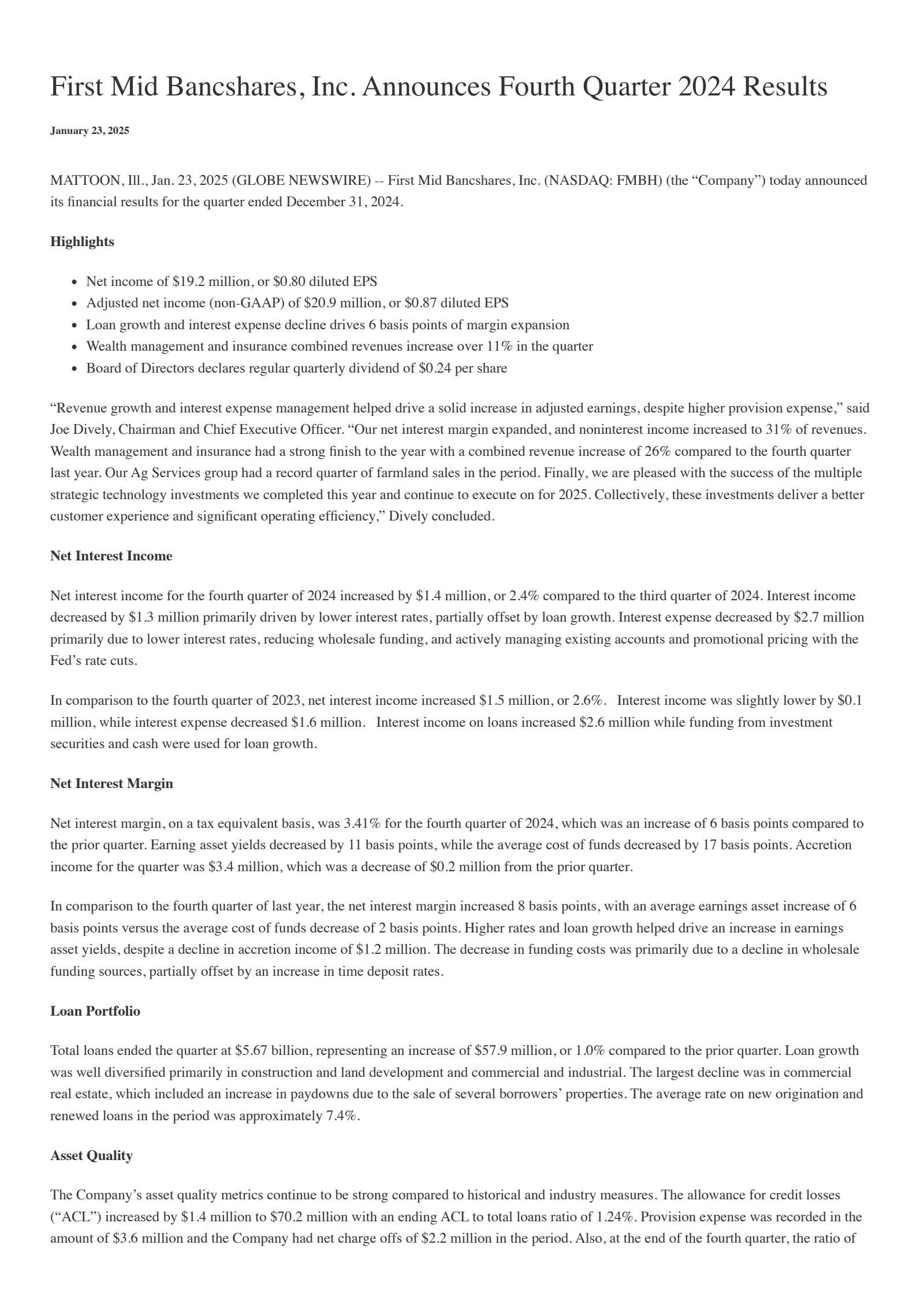 First Mid Bancshares' Q4 2024 Press Release