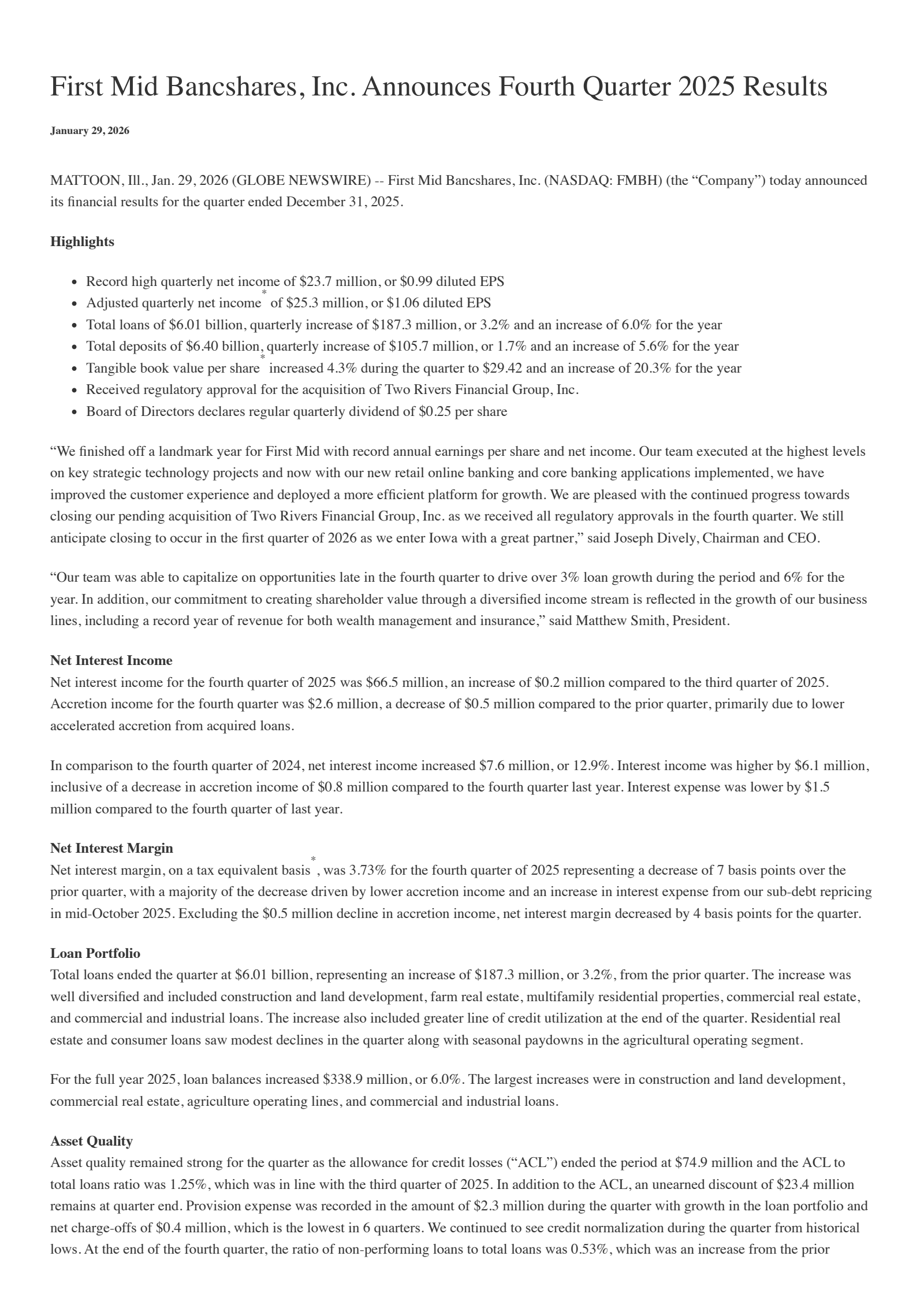 First Mid Bancshares' Q4 2025 Press Release