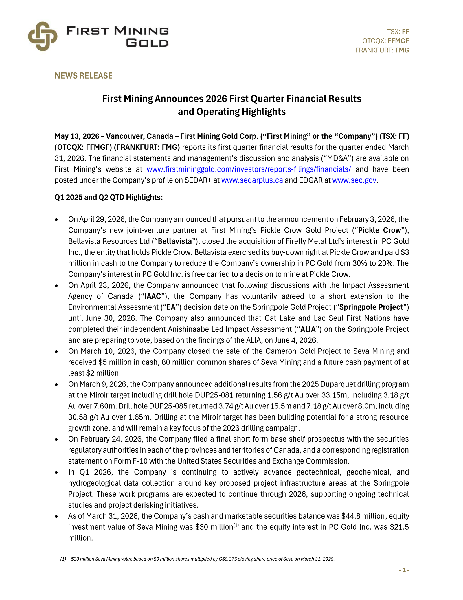 First Mining Gold's Q1 2026 Press Release