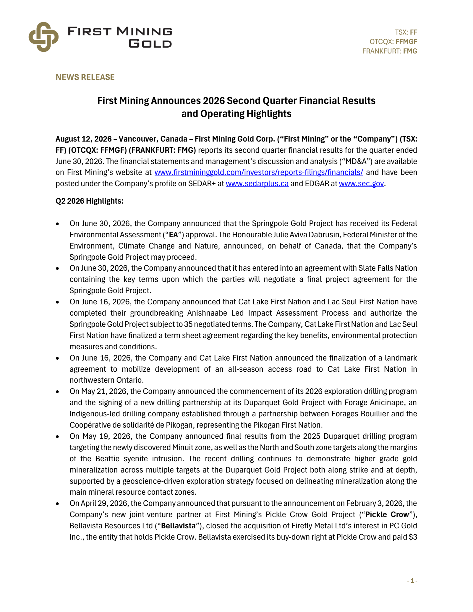 First Mining Gold's Q2 2026 Press Release