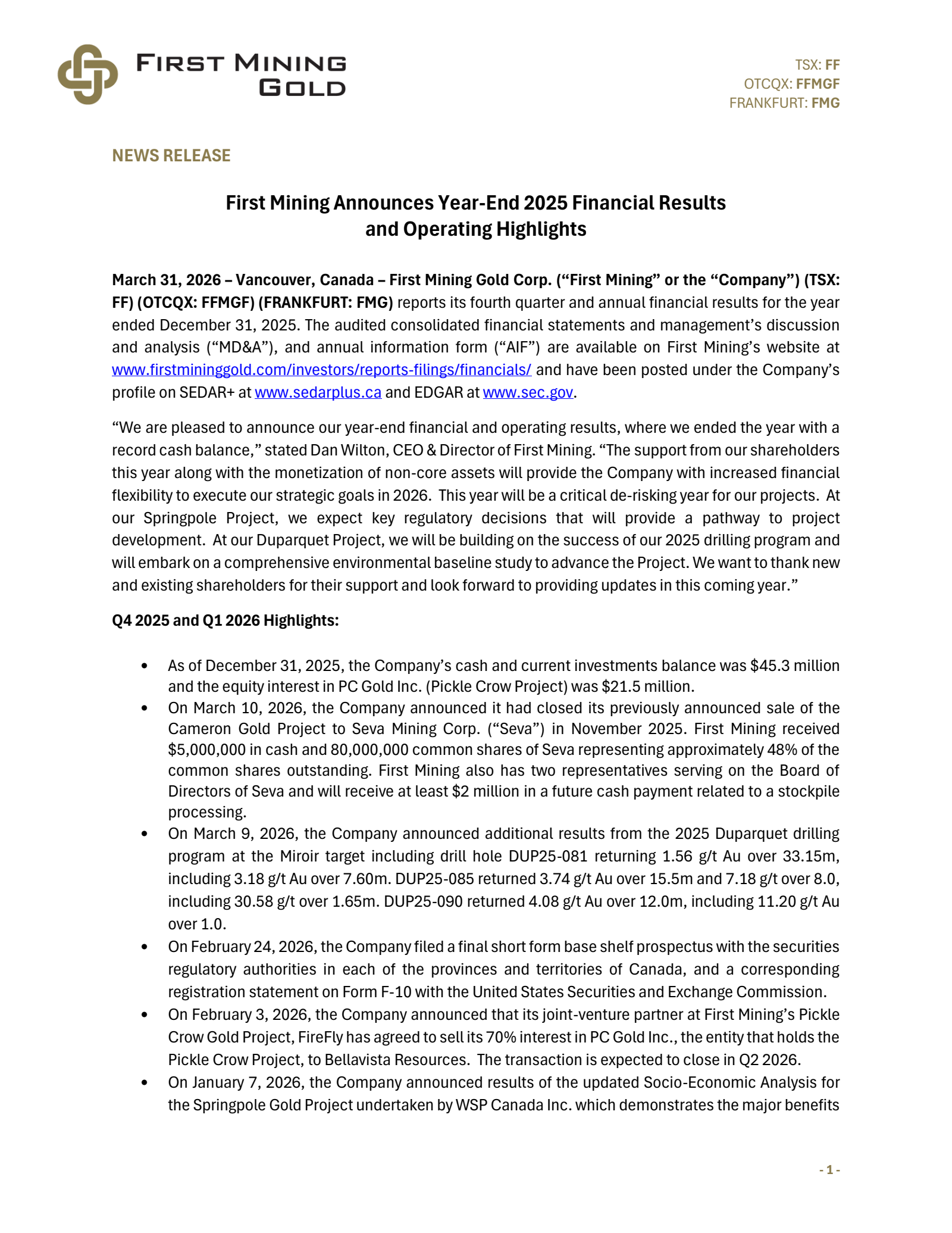 First Mining Gold's Q4 2025 Press Release
