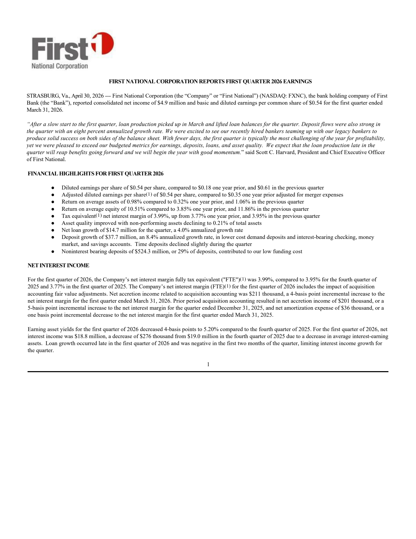 First National's Q1 2026 Press Release