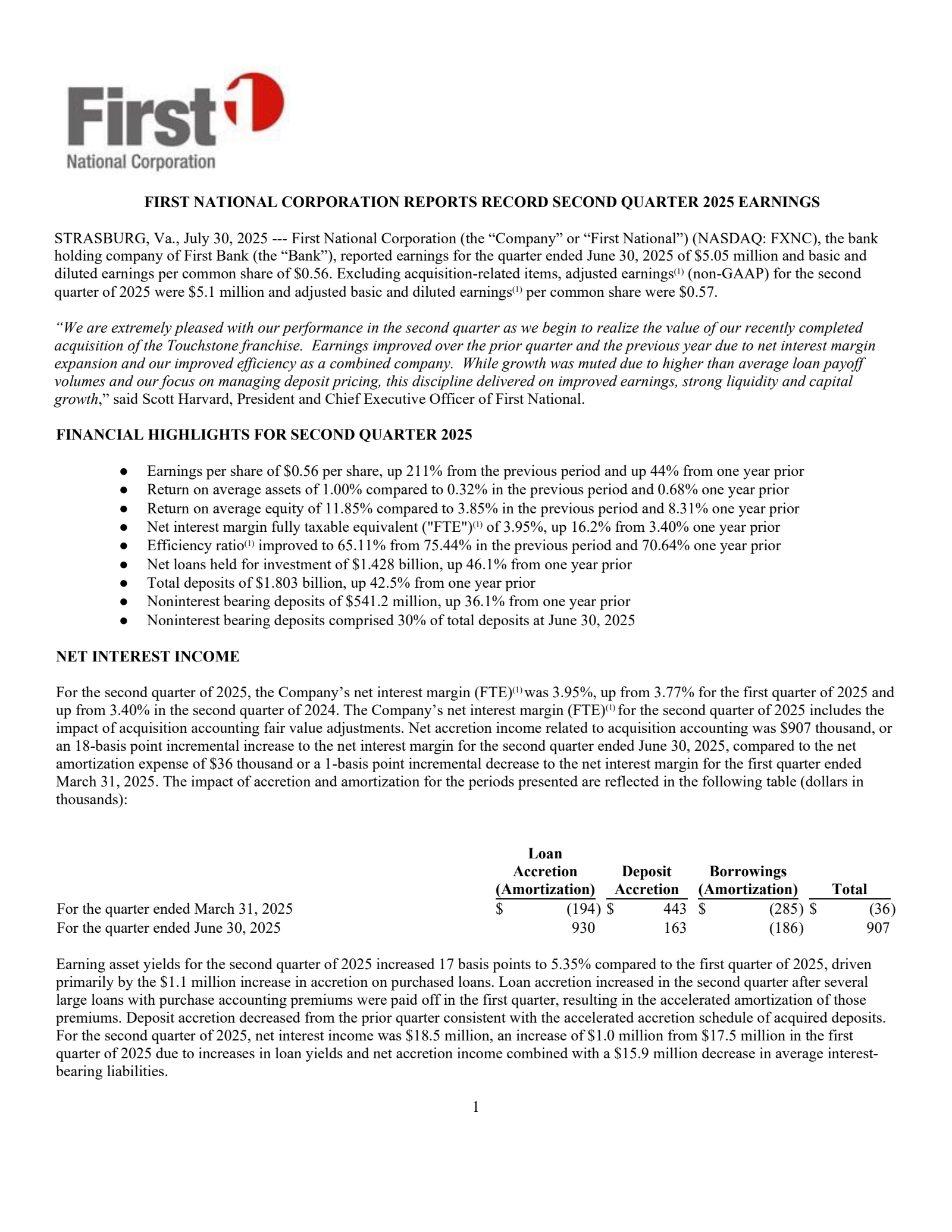First National's Q2 2025 Press Release