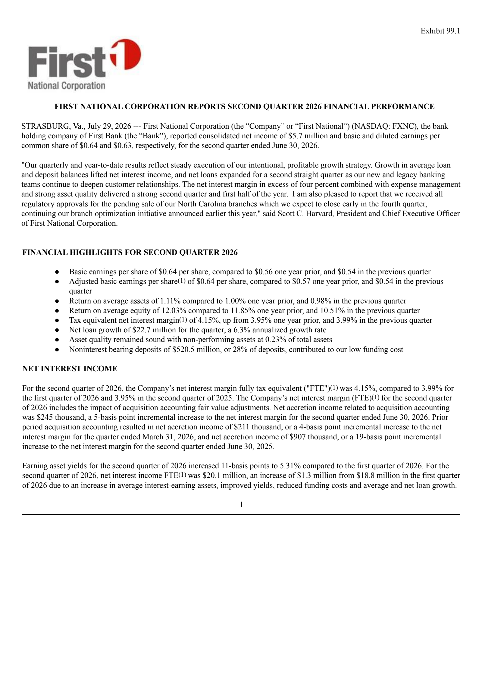 First National's Q2 2026 Press Release
