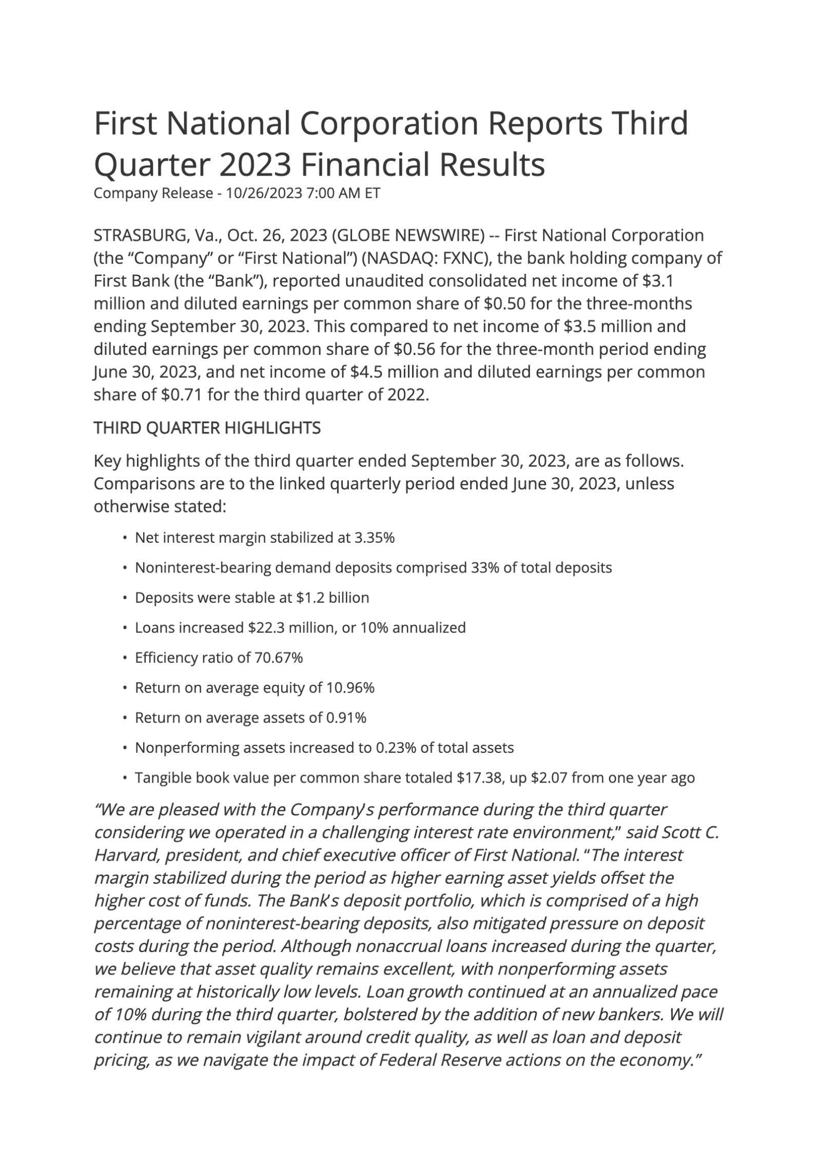 First National's Q3 2023 Press Release