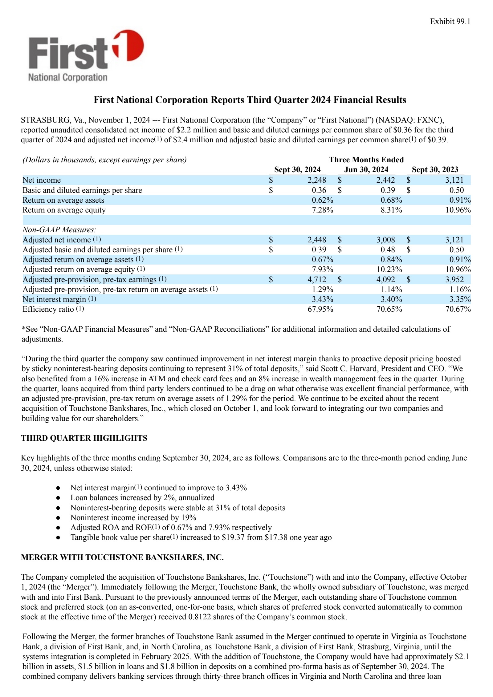 First National's Q3 2024 Press Release
