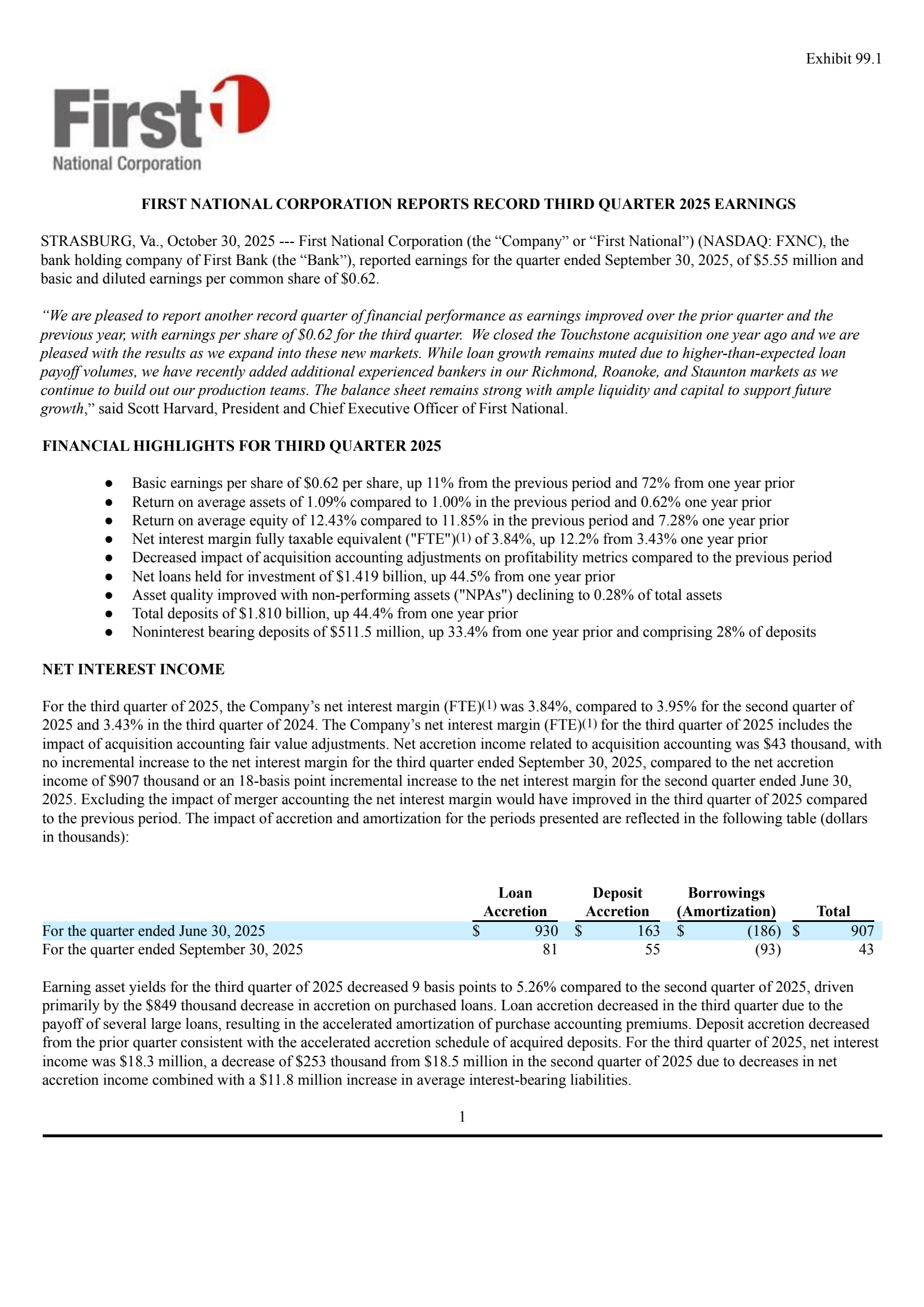 First National's Q3 2025 Earnings Release
