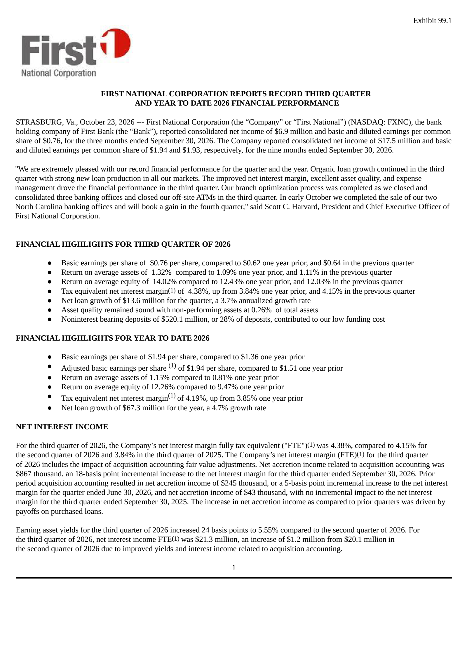 First National's Q3 2026 Press Release