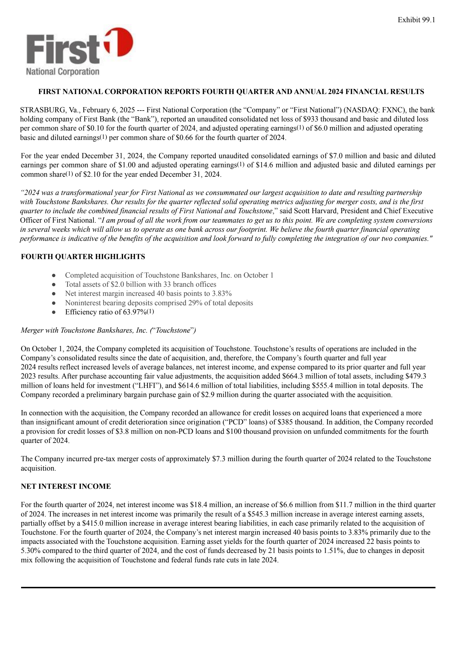First National's Q4 2024 Press Release