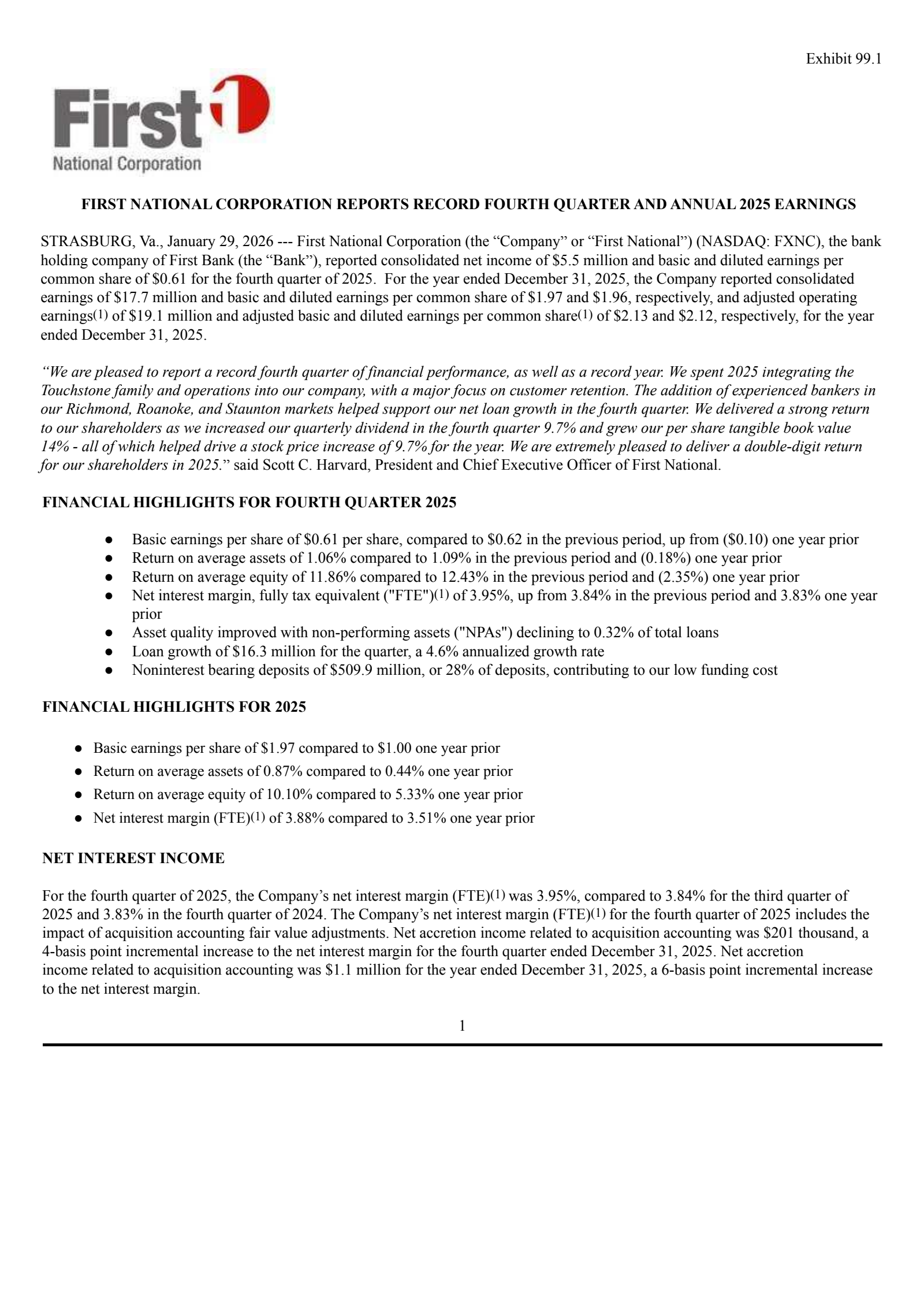 First National's Q4 2025 Press Release
