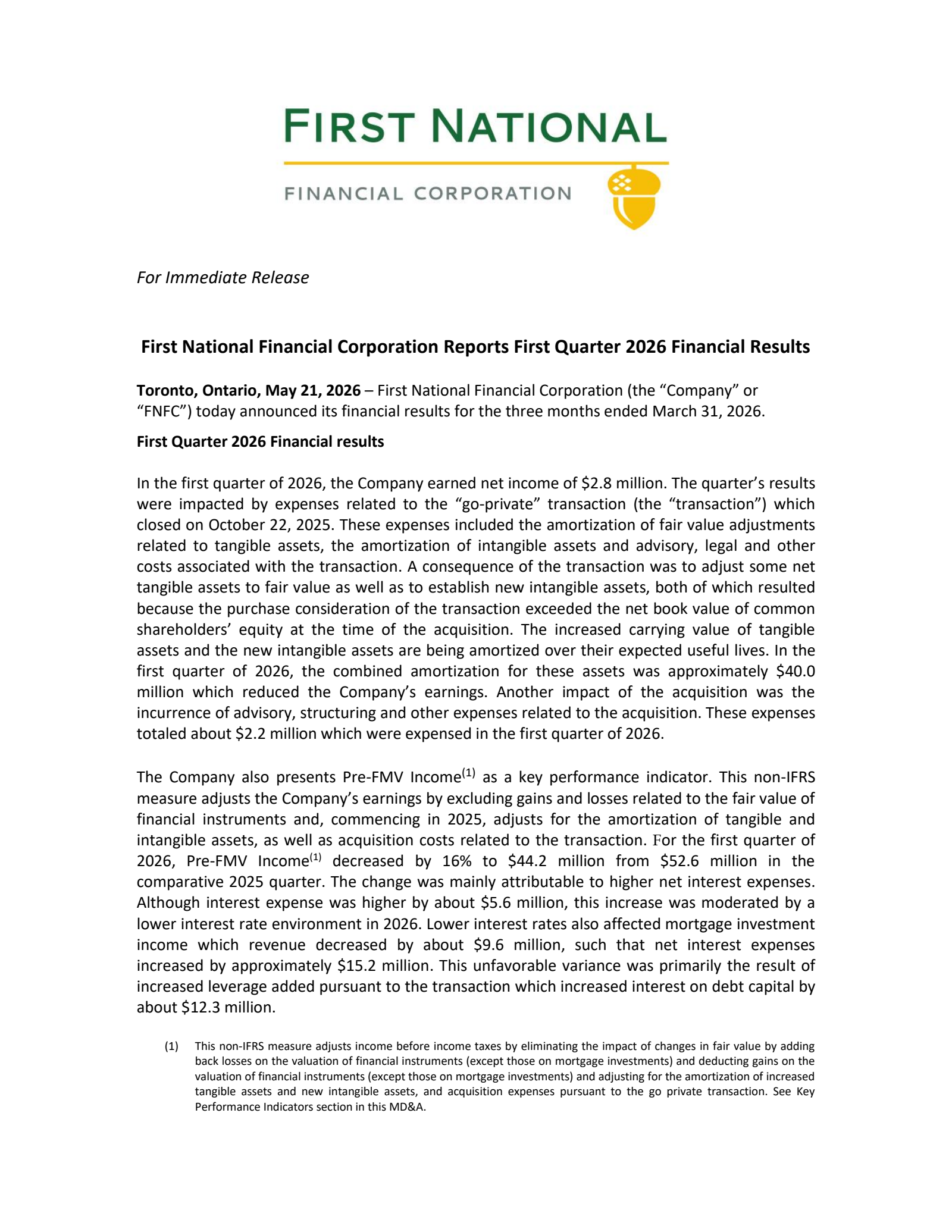 First National Financial's Q1 2026 Press Release