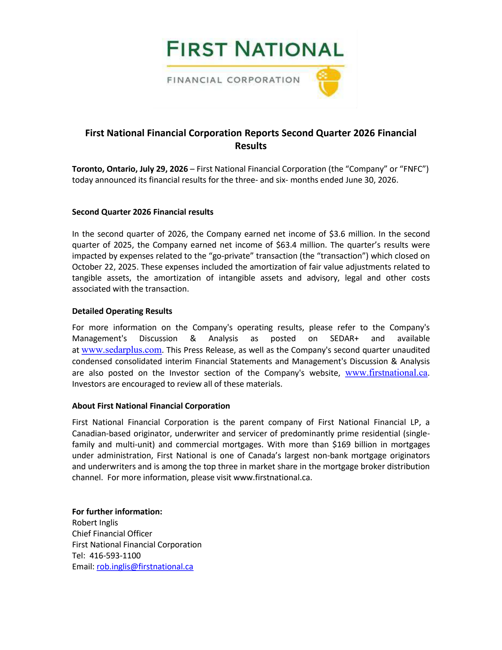 First National Financial's Q2 2026 Press Release