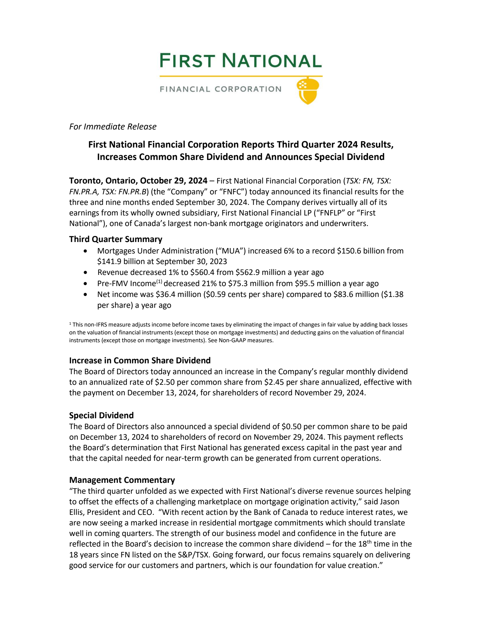 First National Financial's Q3 2024 Press Release