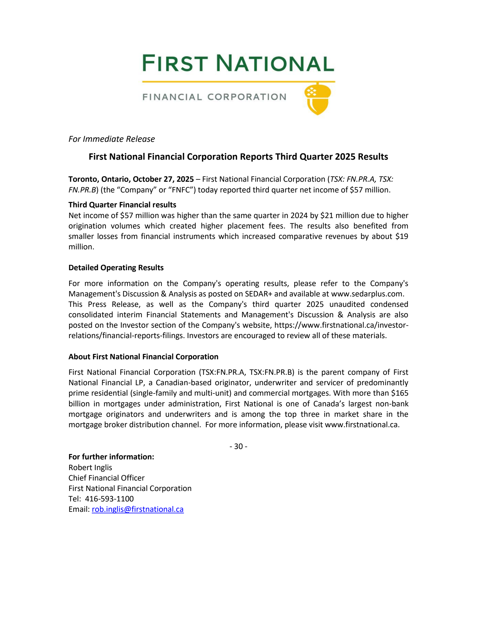 First National Financial's Q3 2025 Earnings Release