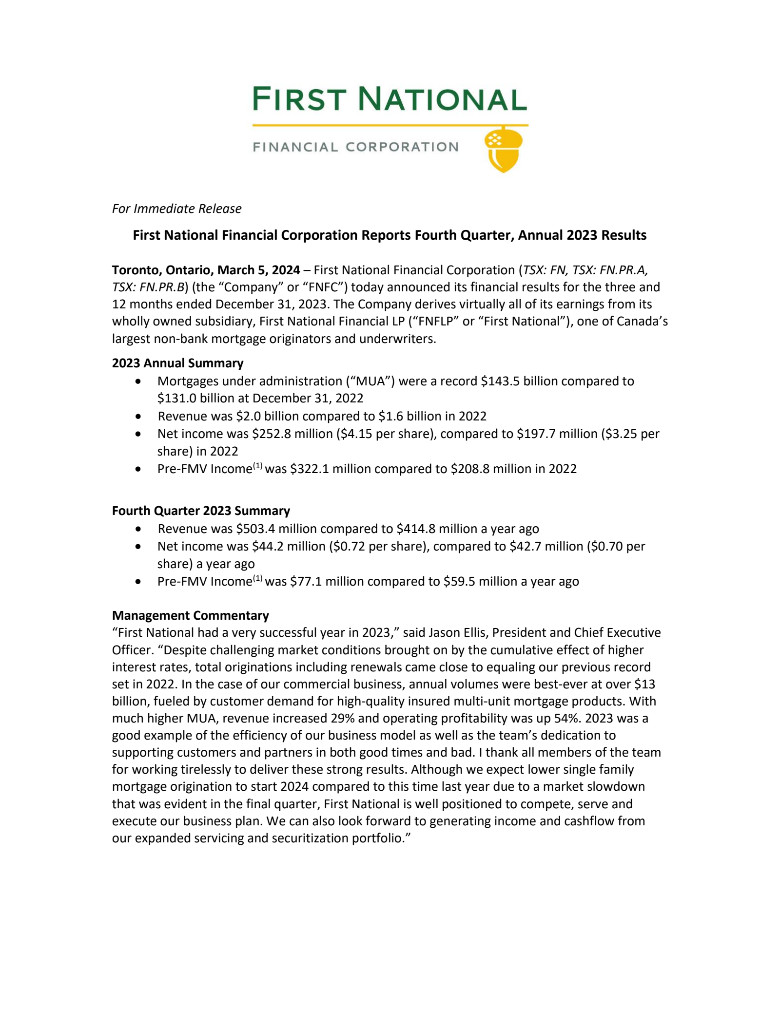 First National Financial's Q4 2023 Press Release