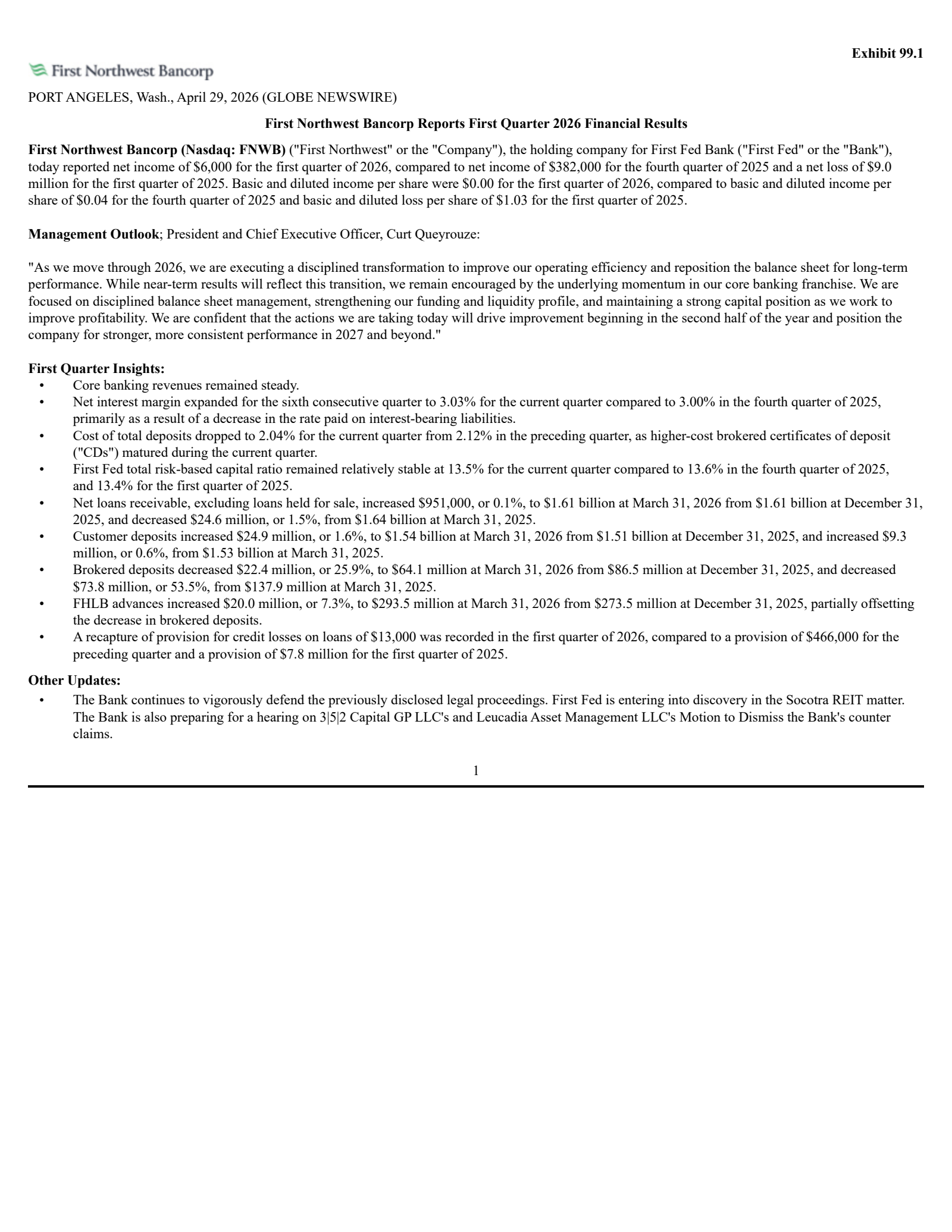 First Northwest Bancorp's Q1 2026 Press Release