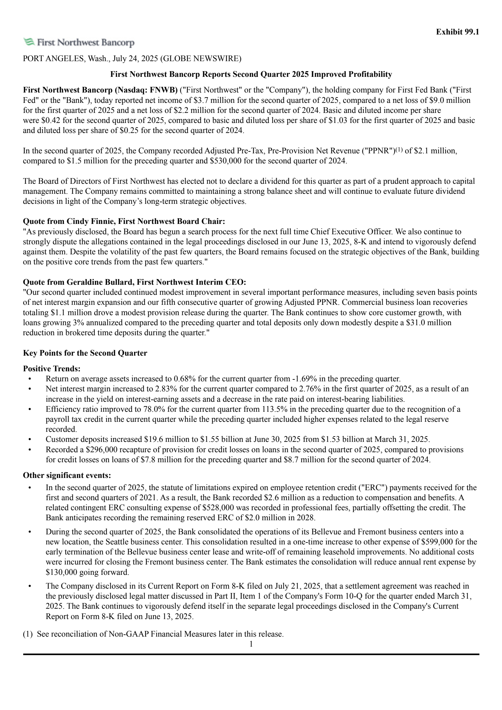First Northwest Bancorp's Q2 2025 Press Release