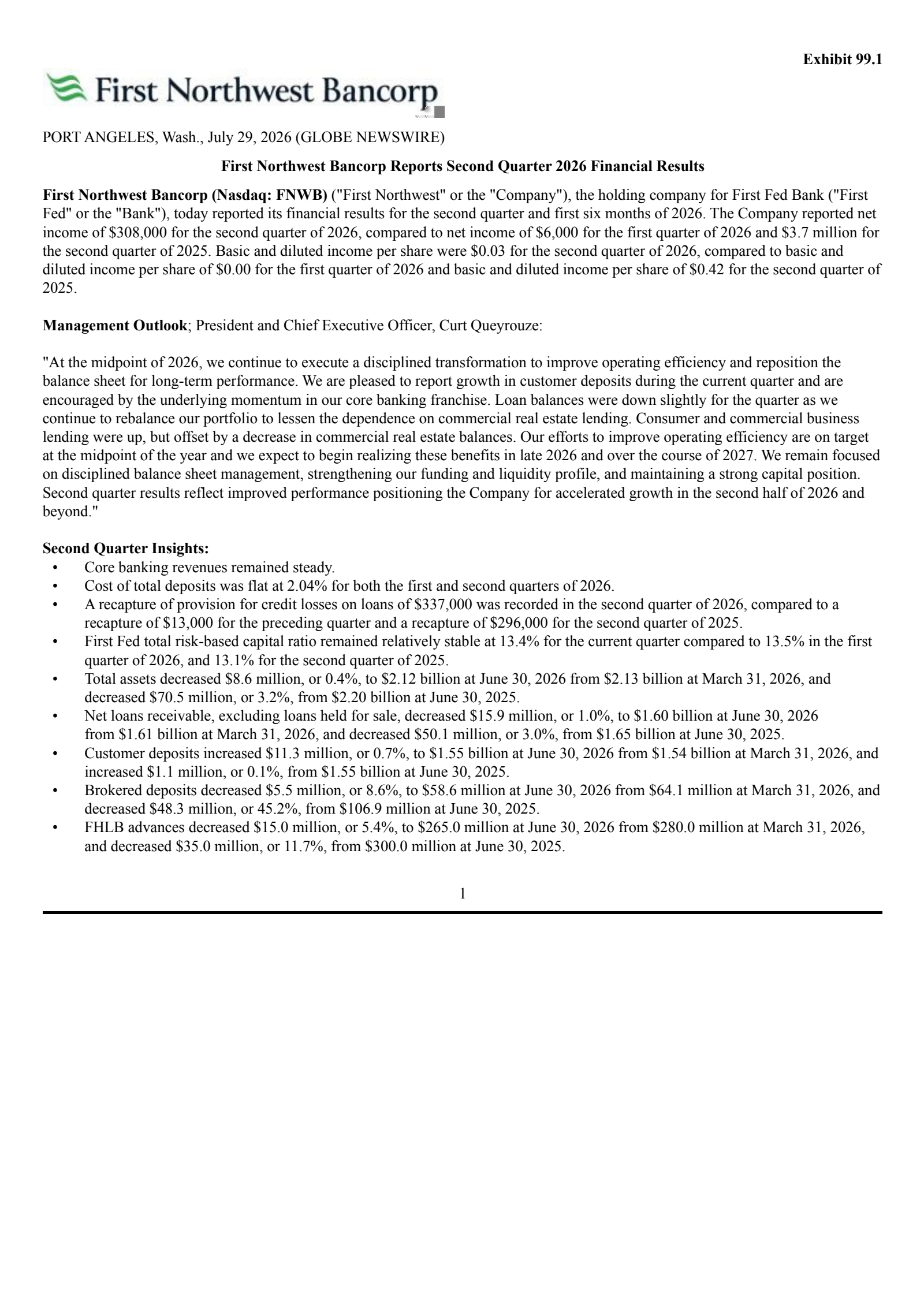 First Northwest Bancorp's Q2 2026 Press Release