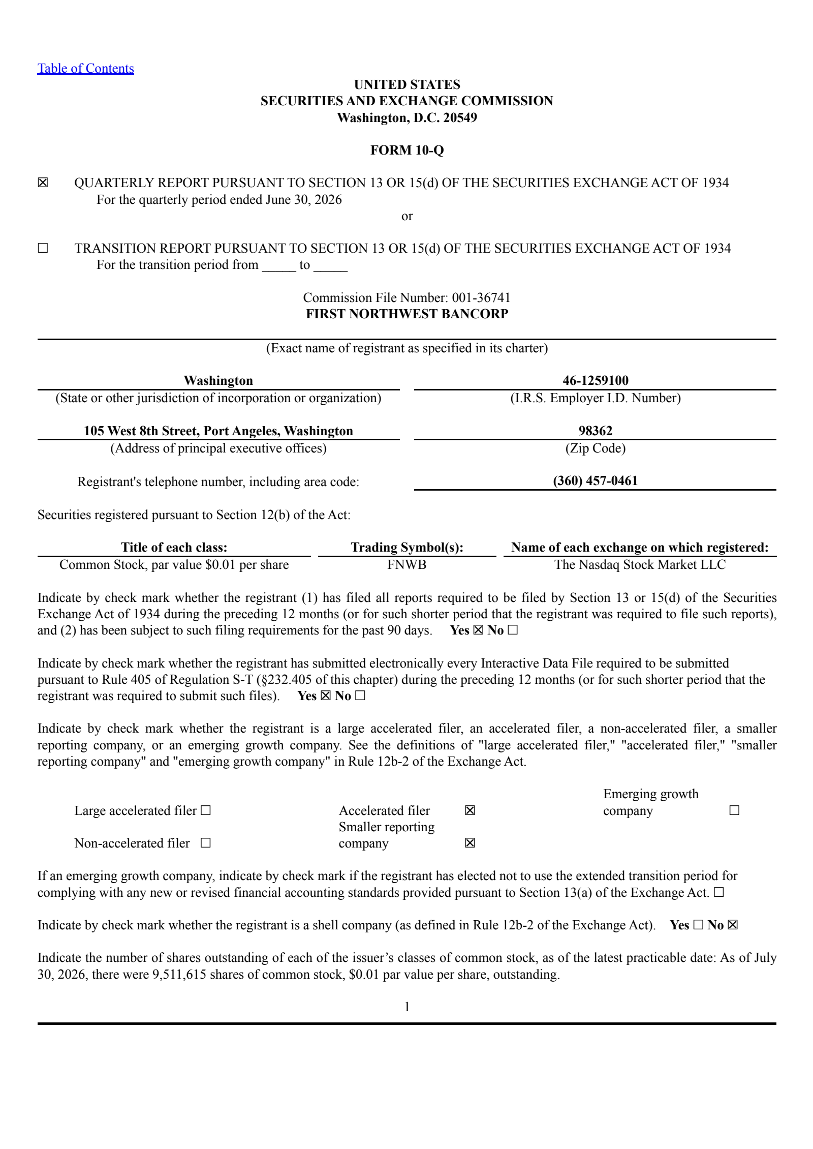 First Northwest Bancorp's Q2 2026 Quarterly report