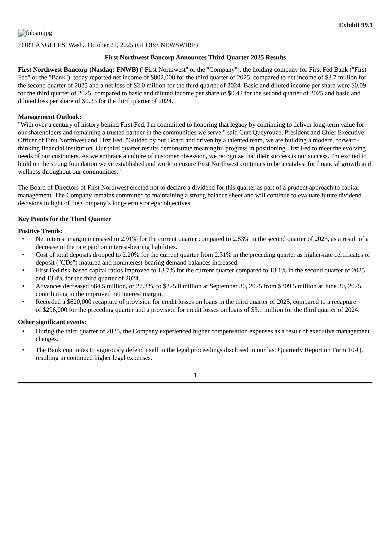 First Northwest Bancorp's Q3 2025 Earnings Release