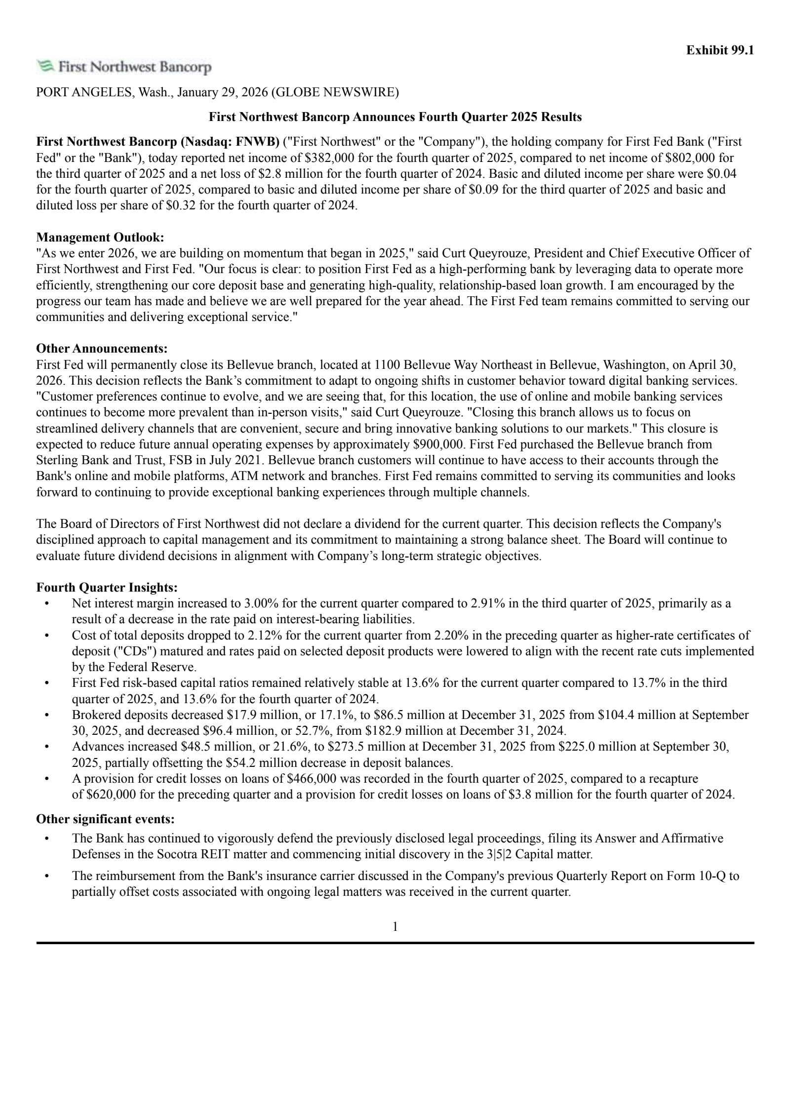 First Northwest Bancorp's Q4 2025 Press Release