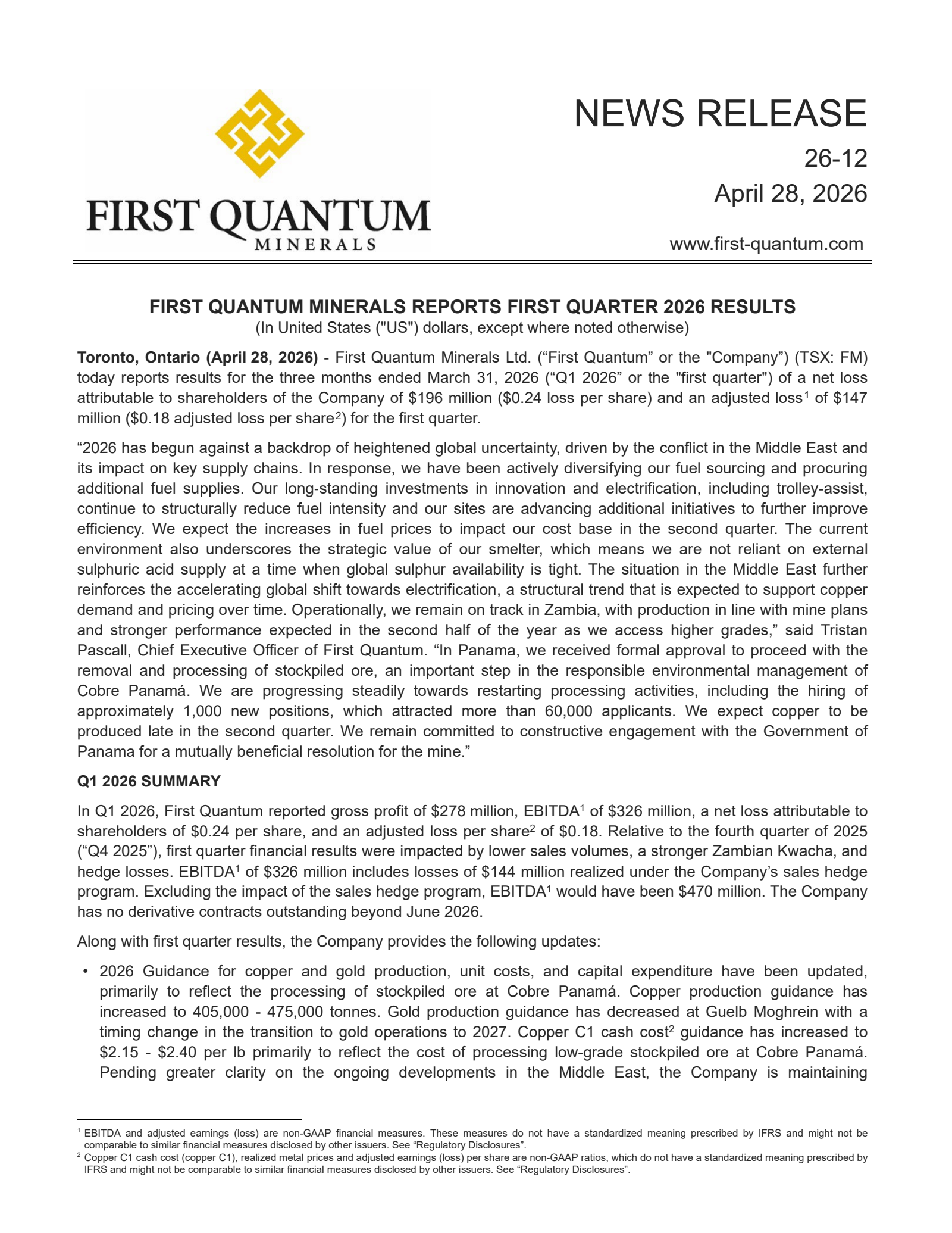 First Quantum Minerals' Q1 2026 Press Release