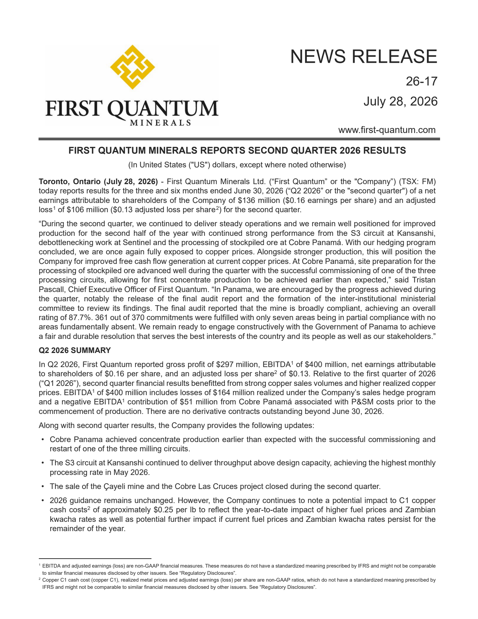First Quantum Minerals' Q2 2026 Press Release