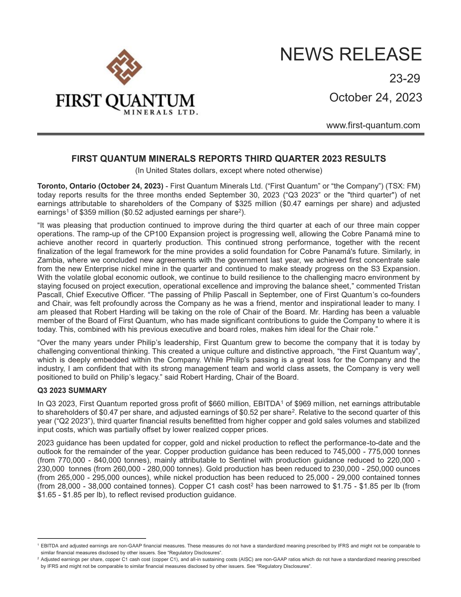 First Quantum Minerals' Q3 2023 Report