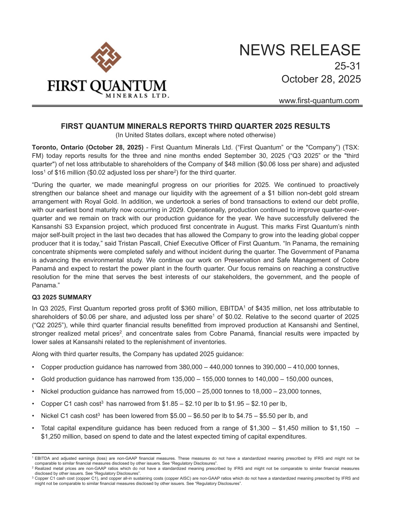 First Quantum Minerals' Q3 2025 Earnings Release