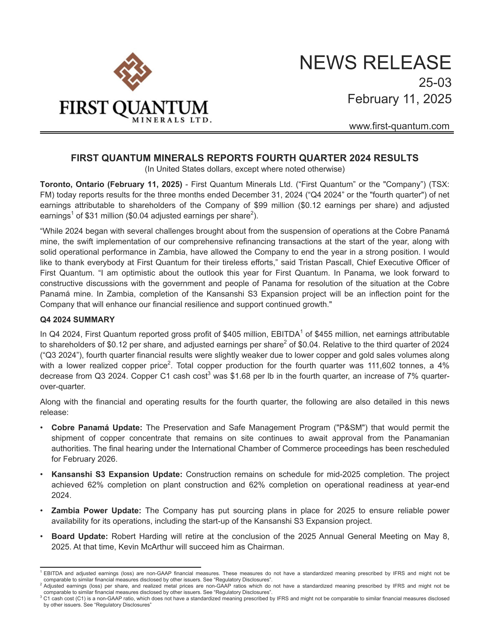 First Quantum Minerals' Q4 2024 Press Release