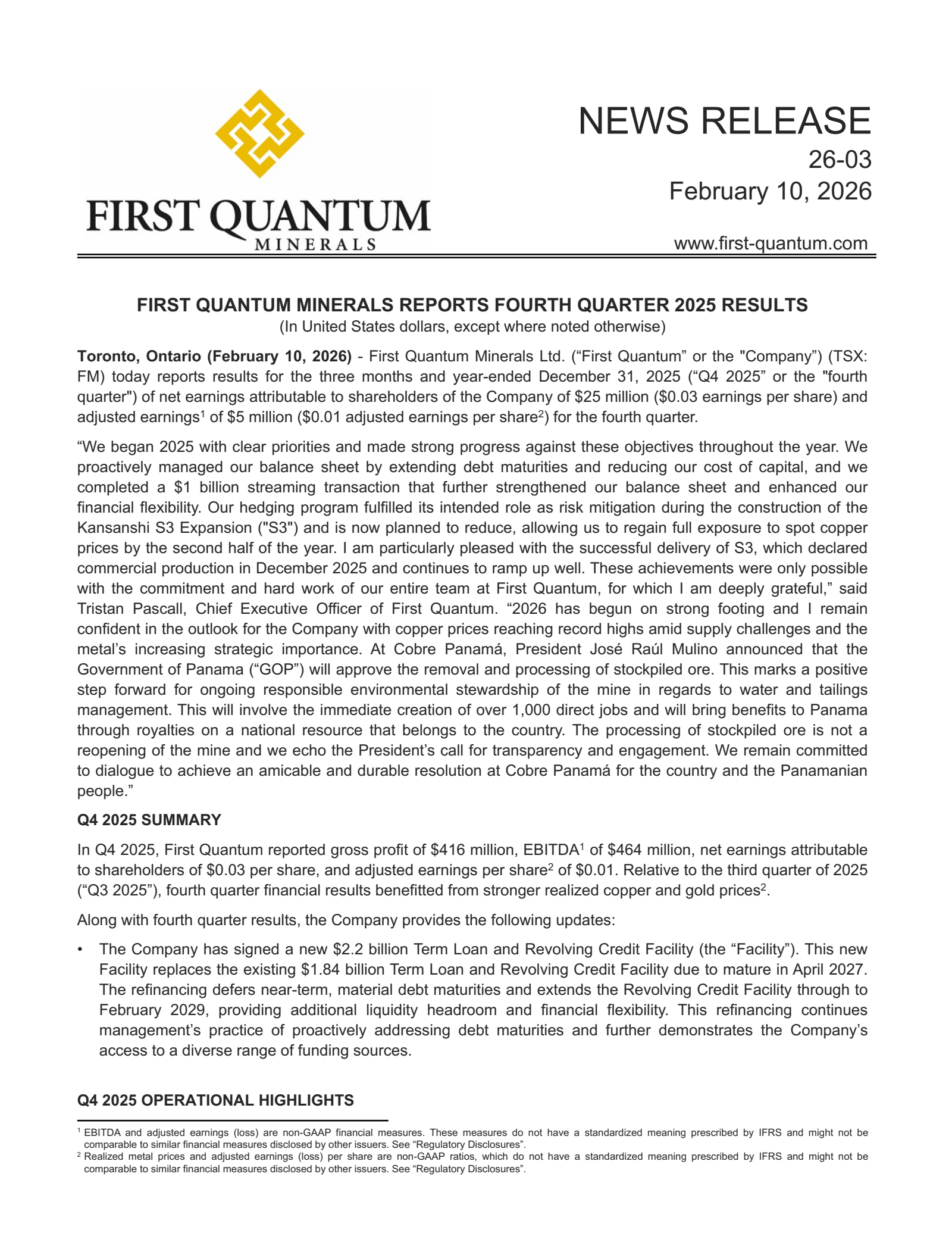 First Quantum Minerals' Q4 2025 Press Release