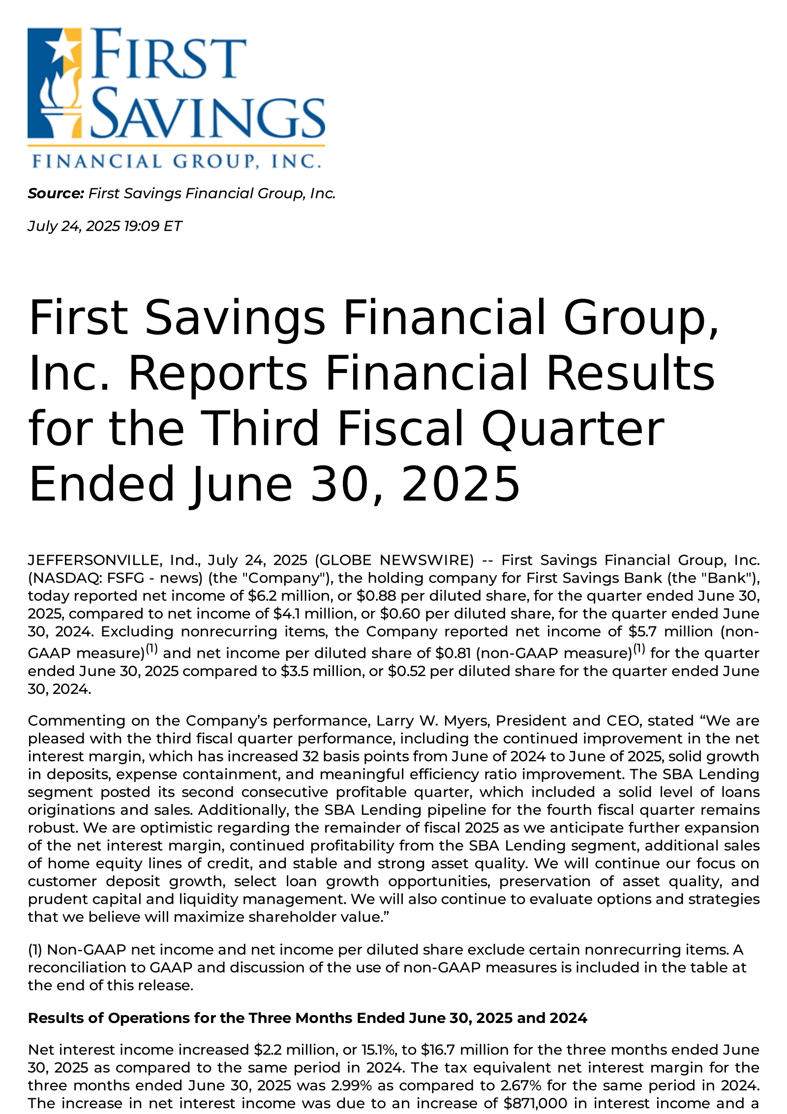 First Savings Financial Group's Q3 2025 Press Release
