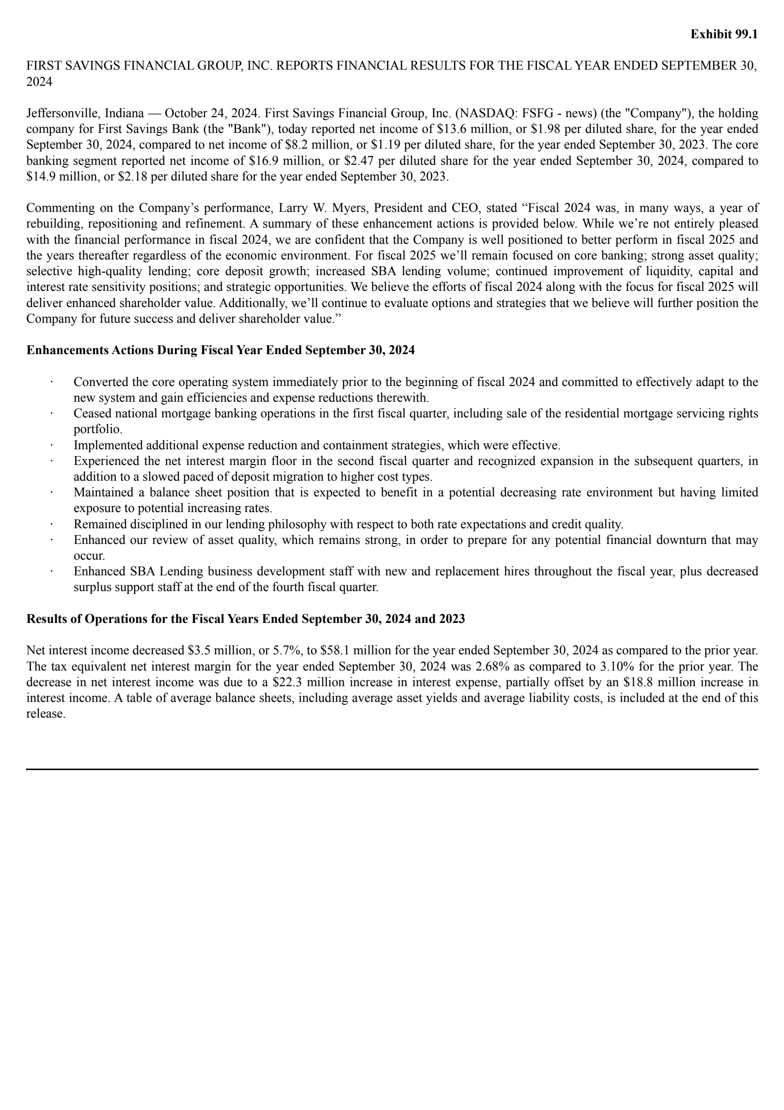 First Savings Financial Group's Q4 2024 Press Release
