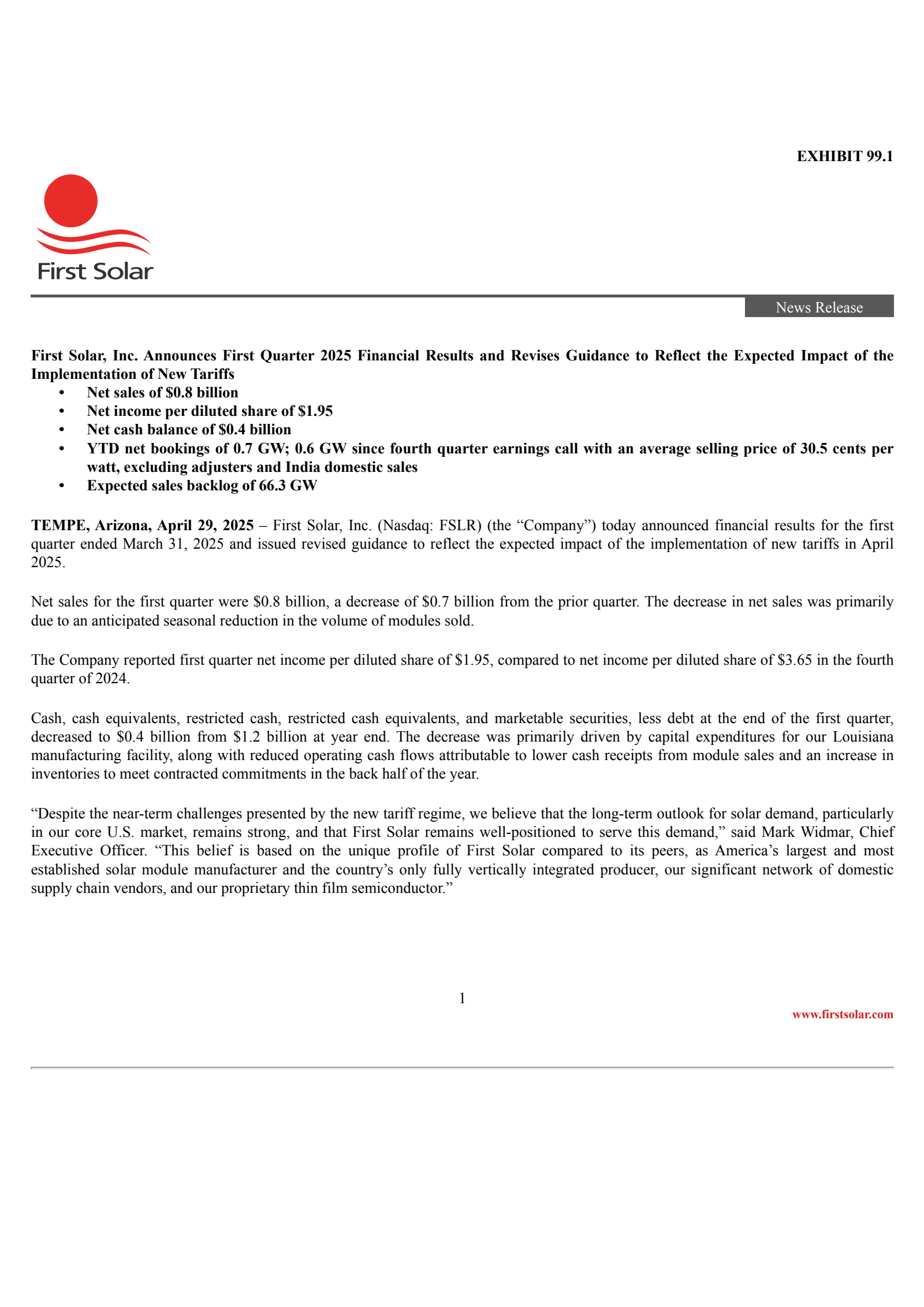 First Solar's Q1 2025 Press Release