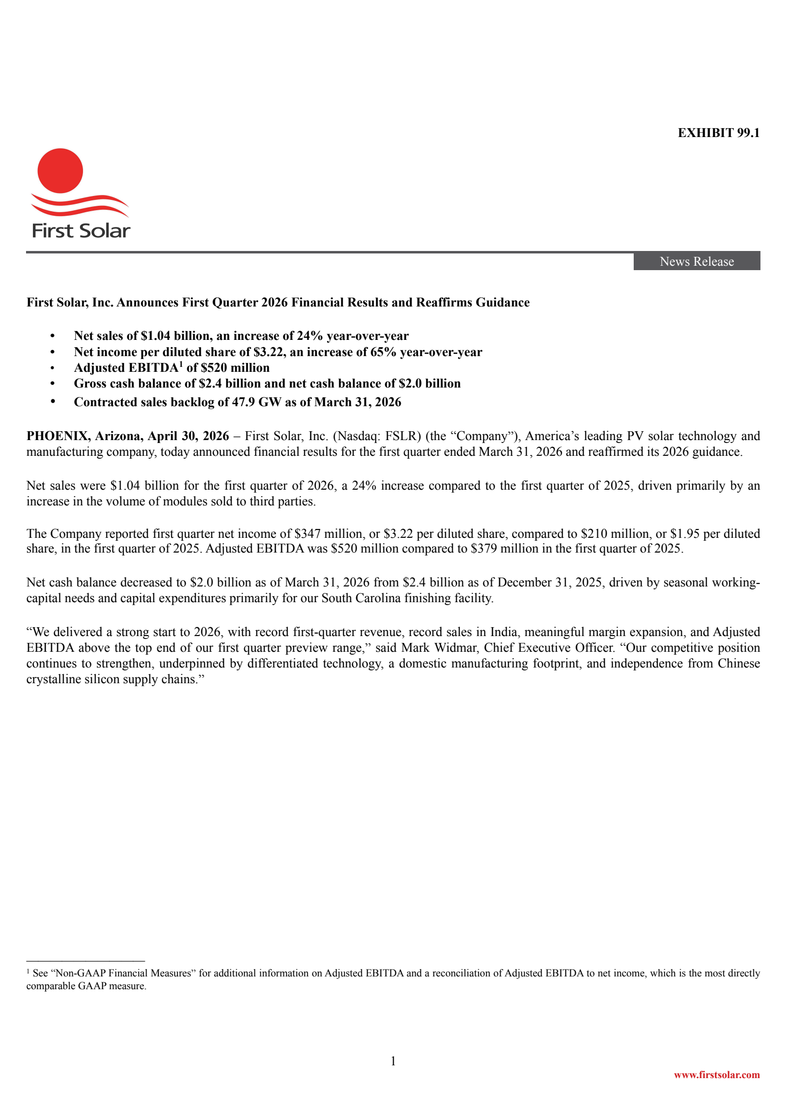 First Solar's Q1 2026 Press Release