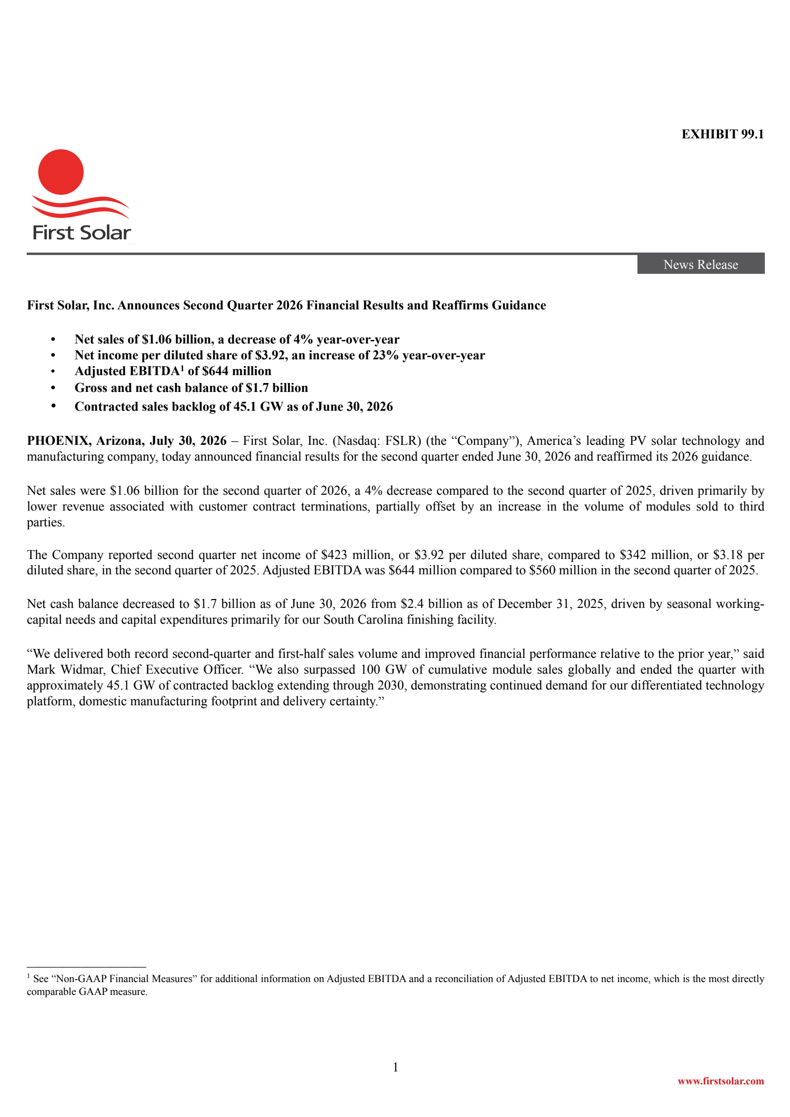 First Solar's Q2 2026 Press Release