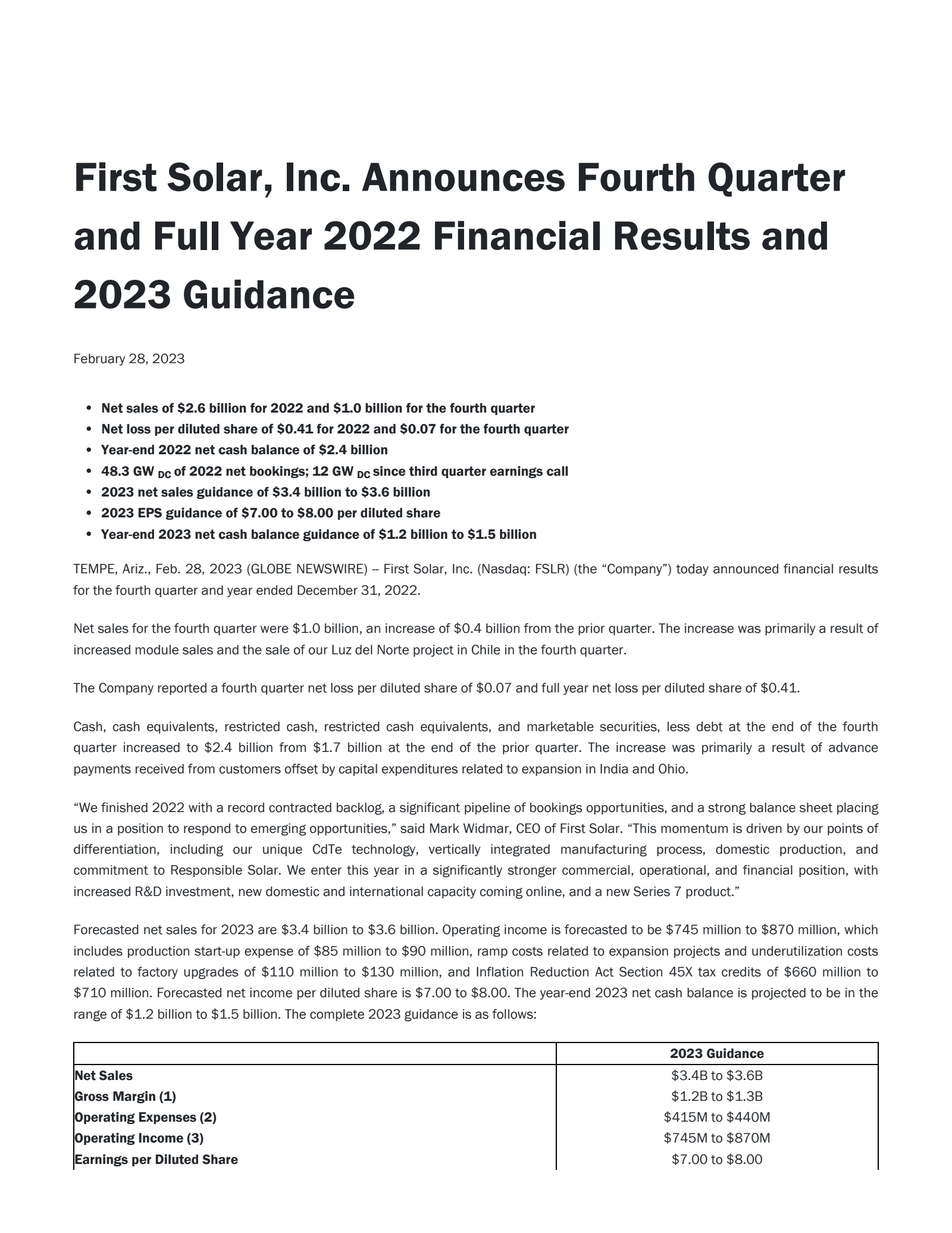 FSLR Q4 2022 Earnings Report on 2/28/2023