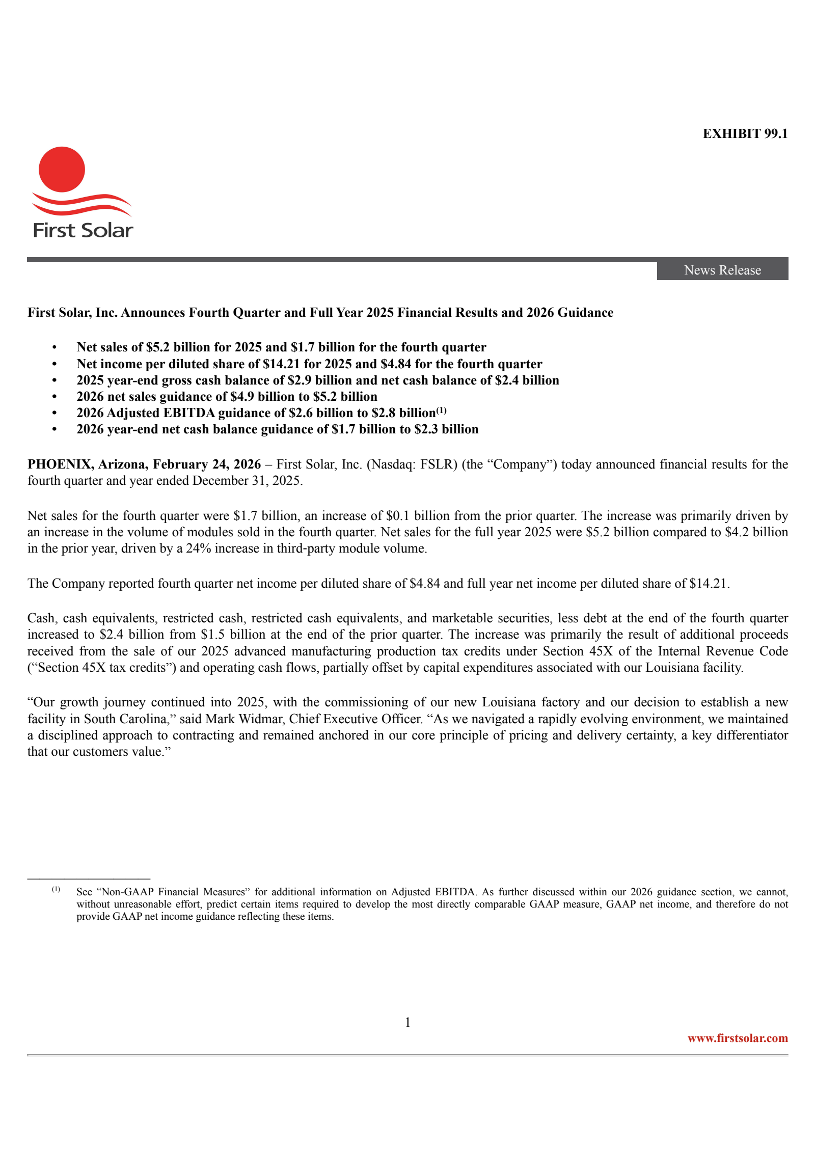 First Solar's Q4 2025 Press Release