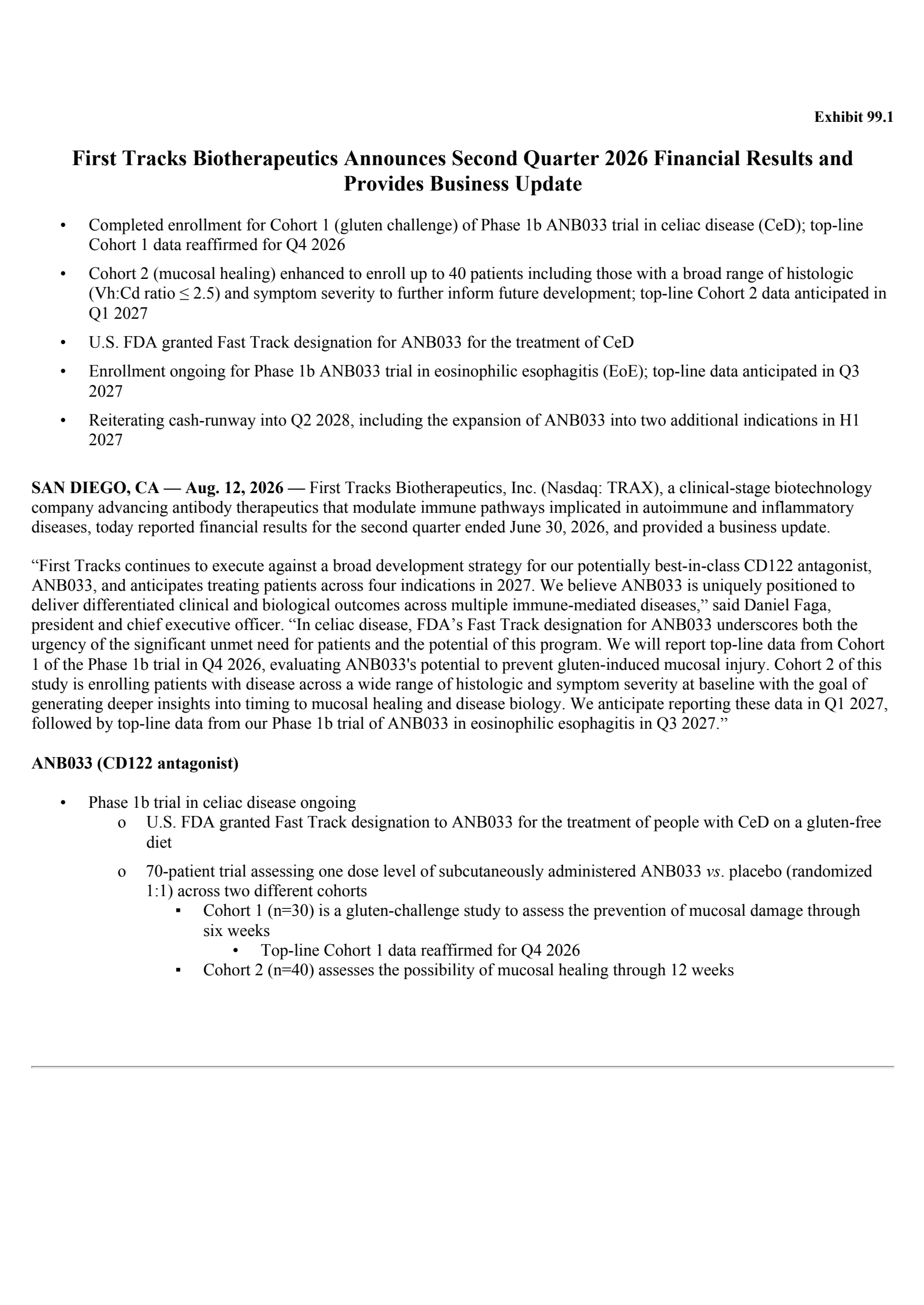First Tracks Biotherapeutics' Q2 2026 Press Release