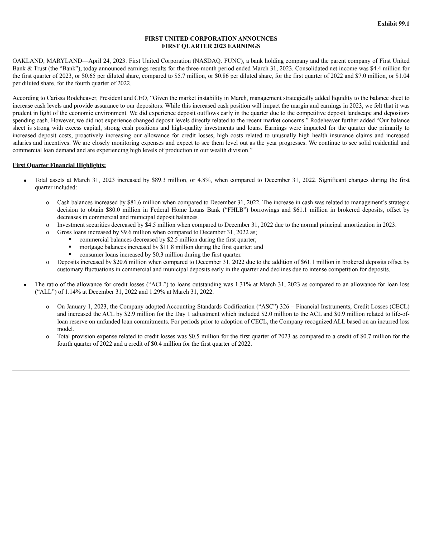 First United's Q1 2023 Press Release